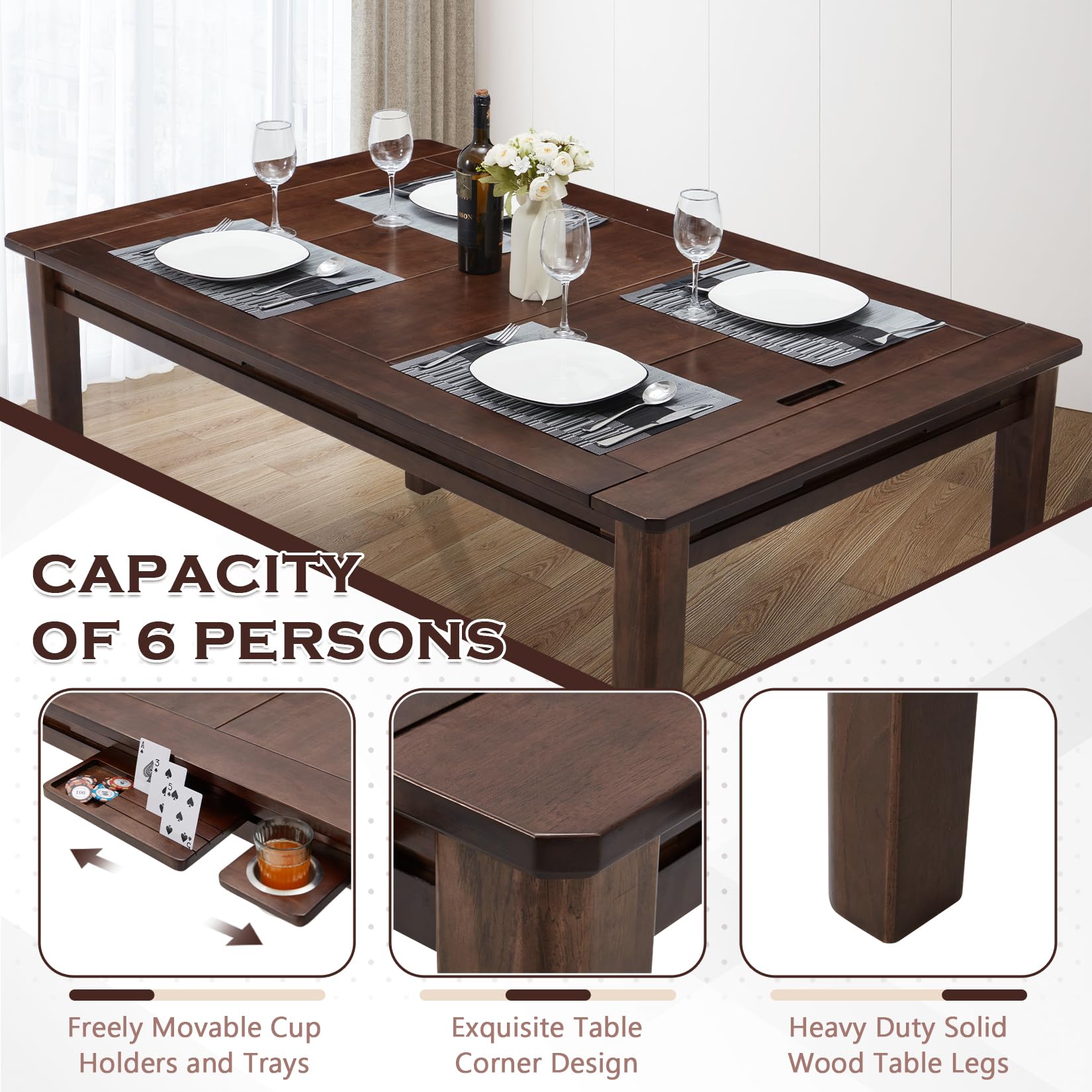 Haddockway 63" ×39“ Board Game Table with Removable Table Top, Solid Wood Game Table for 4-6 Players, DND Table with Play Mat, 6 Detachable Cup Holders & 6 Hobby Trays (): Warm Walnut