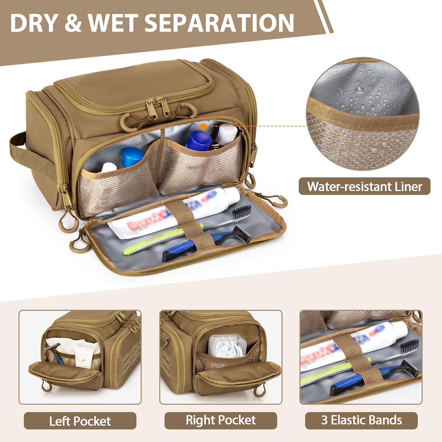 Tactical Toiletry Bag for Men, Hanging Hygiene Bag, Travel Dopp Kit Organizer for Shaving, Shower Essentials and Toiletries, Khkai (Empty Bag) - Image 2