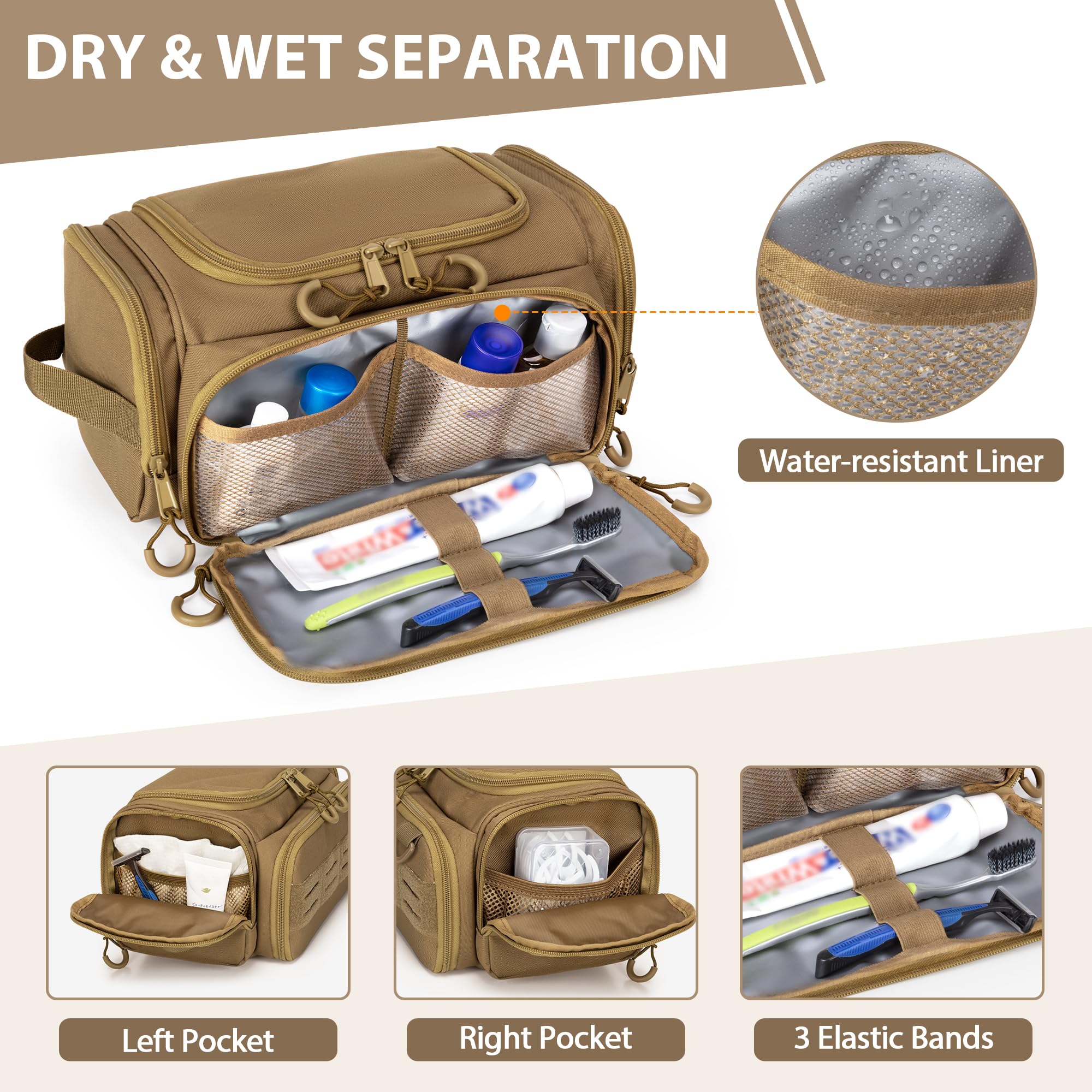 Trousse tattica da uomo, borsa igienica da appendere, organizer da viaggio per rasatura, accessori per la doccia e articoli da toeletta (borsa vuota), Cachi