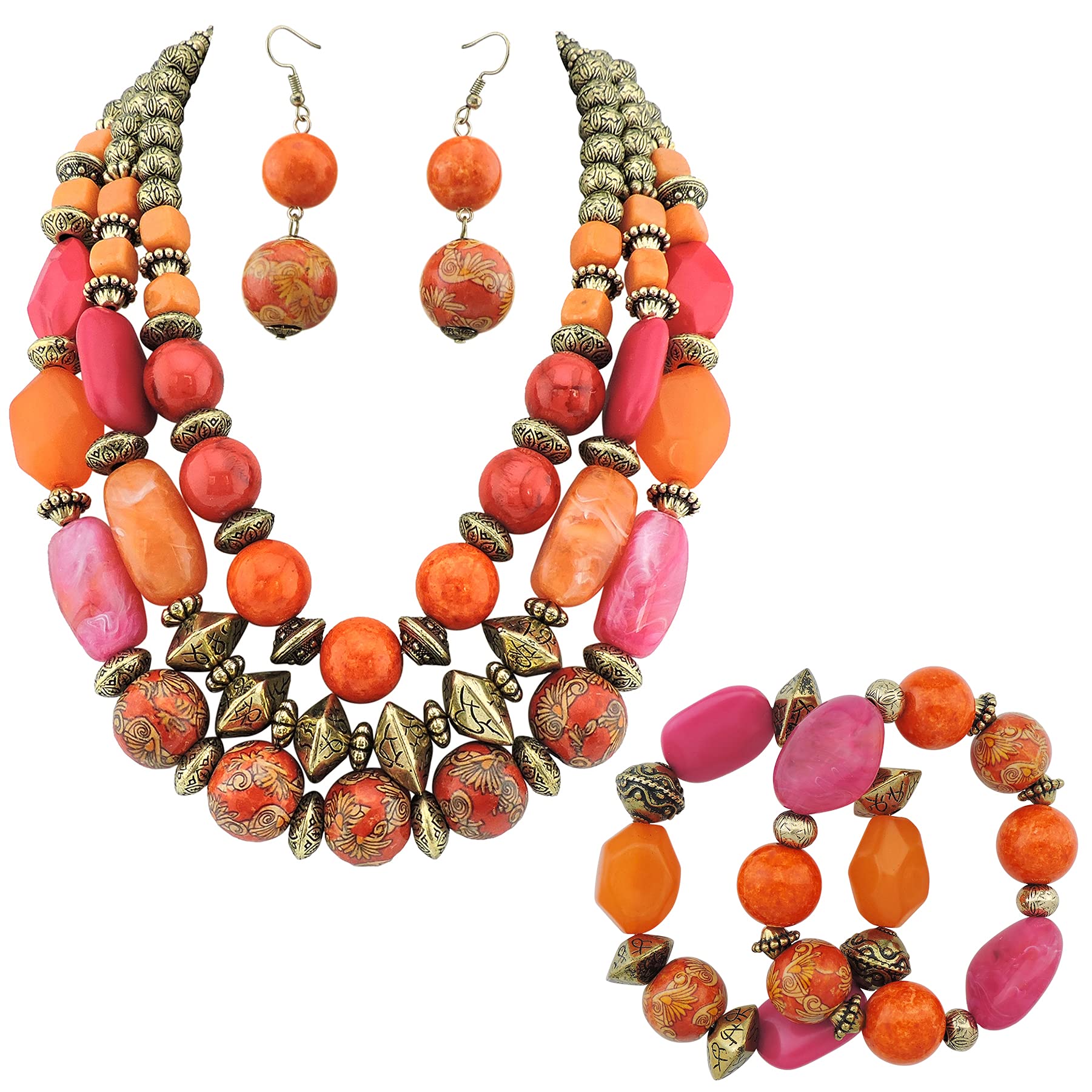 Bocar3 Layer Chunky Statement Beaded Necklace Earrings Bracelet Set, Fashion Multi Layer Women Collar Necklace Jewelry Set