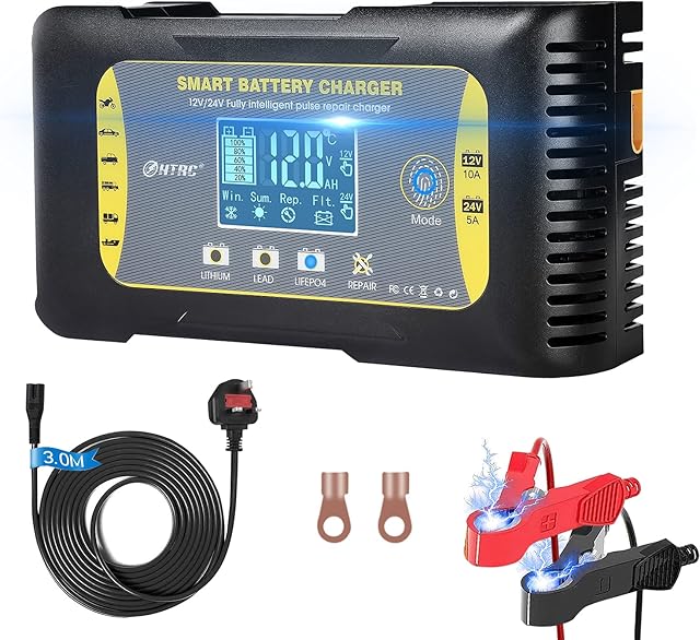 HTRC Car Battery Charger 12V/24V 10Amp 7 Stages Lithium Lead-Acid LiFePO4 Compatible Automotive Smart Battery Charger, with LCD Screen Maintainer/Pulse Repair Charger for Car, Motorcycle and More