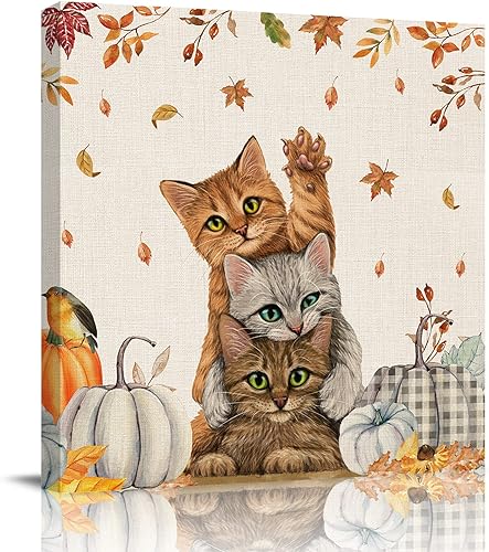 Otoño Granja Gato Cuadrado Pinturas al óleo sobre lienzo Arte de pared de Acción de Gracias Animales Imágenes Impreso Obras de Arte con Enmarcado