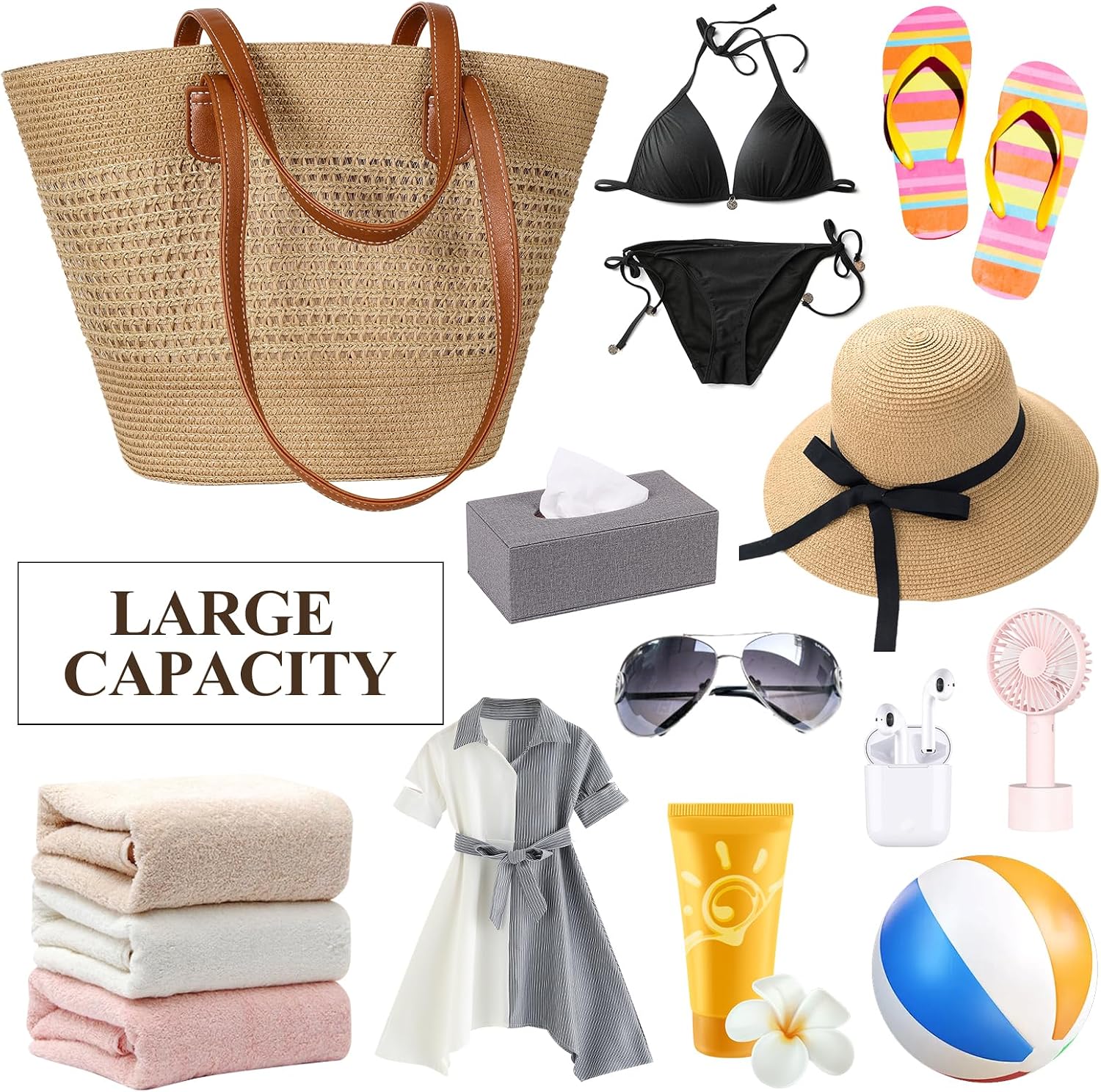 Trifabricy Beach Bags for Women, Woven Straw Tote Bags，Large Beach Bag, Weaving Swim Shopping Travel Bag Waterproof