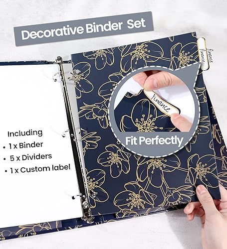 Miniatura 4 de SUNEE - Carpeta de 3 anillos de 1 pulgada bonita carpeta con 2 bolsillos carpeta decorativa de tres anillos rosa dorada sobre diseño azul resistente