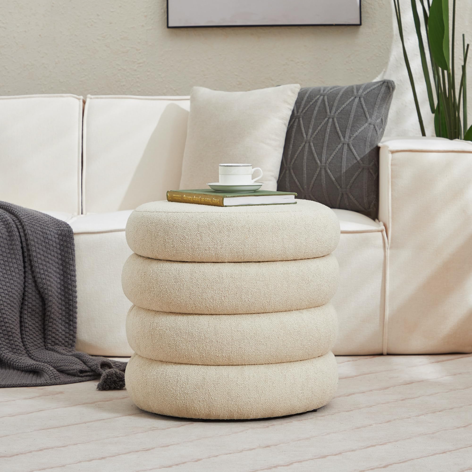 Zesthouse Ottoman Storage Box with Lid, Round Tufted Foot Stool, Beige