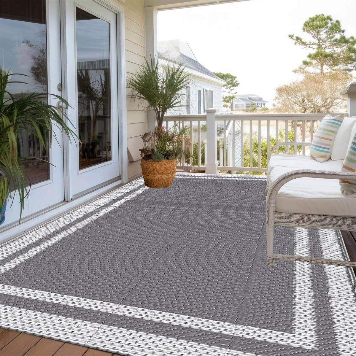 Hiseng Tappeto da Esterno Impermeabile Plastica Grigio Moderno Grande Reversibile Resistente UV Pieghevole Patio Campeggio 183x274cm