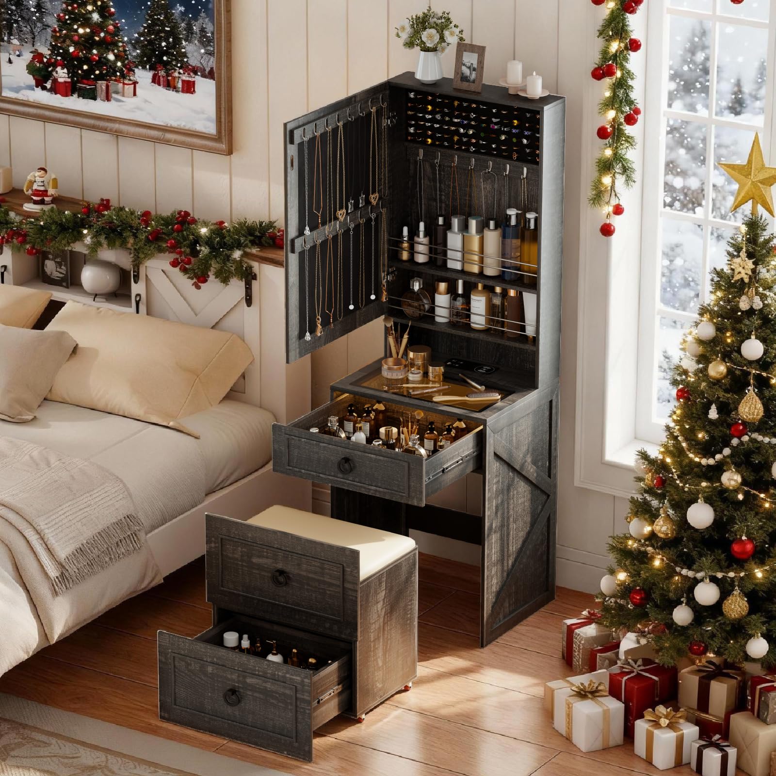 MDGC Makeup Vanity Desk with Mirror and Lights,Small Vanity Desk Set with Charging Station & Glass Top,Compact Dressing Table with Jewelry Cabinet &