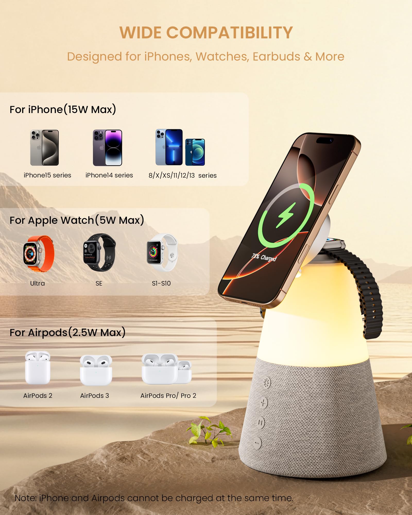 Bluetooth Lautsprecher mit Licht, 4 in 1 15W Tragbarer Lautsprecher Magnetisches Kabelloses Ladegerät, Tragbare Bluetooth-Lautsprecher mit Telefonständer, Männer Geschenke Dimmbare