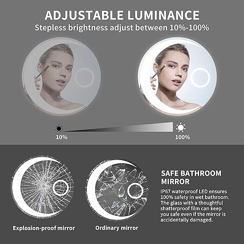 Miniatura 4 de Espejo de baño redondo LED de 30 pulgadas, espejo de tocador retroiluminado antivaho con luz de 3 colores, espejo de maquillaje iluminado regulable