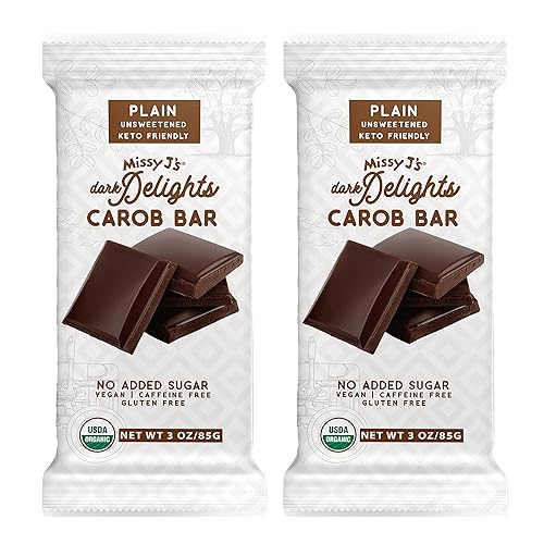 Missy J's Organic Carob Dark Delights - Barra de caramelo lisa sin azúcar, 3 onzas, paquete de 2 unidades, vegano, sin gluten y cafeína, sustituto