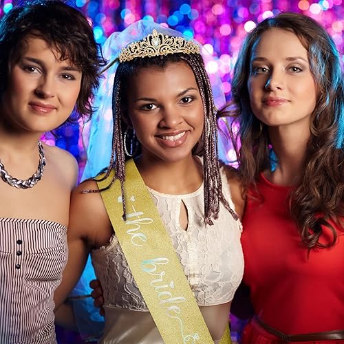 Miniatura 7 de CIEHER Kit de banda de novia + corona de cristal, decoraciones de despedida de soltera con diamantes de imitación AB dorados para despedida de