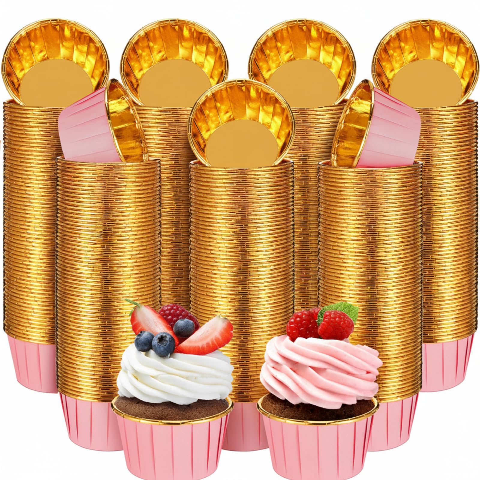 300 Pack Pink Gold Cupcake Liners Bulk Disposable Foil Muffin Cup