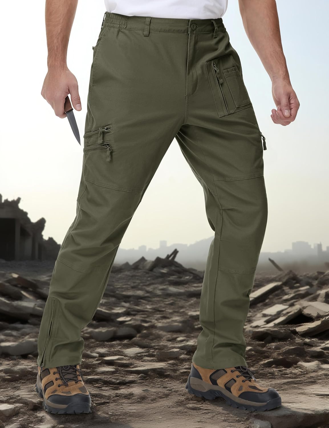CRYSULLY Men's Cargo Pants Tactical Work Pants for Men Ripstop 9 Pockets Construction Trousers (No Belt) - Image 3