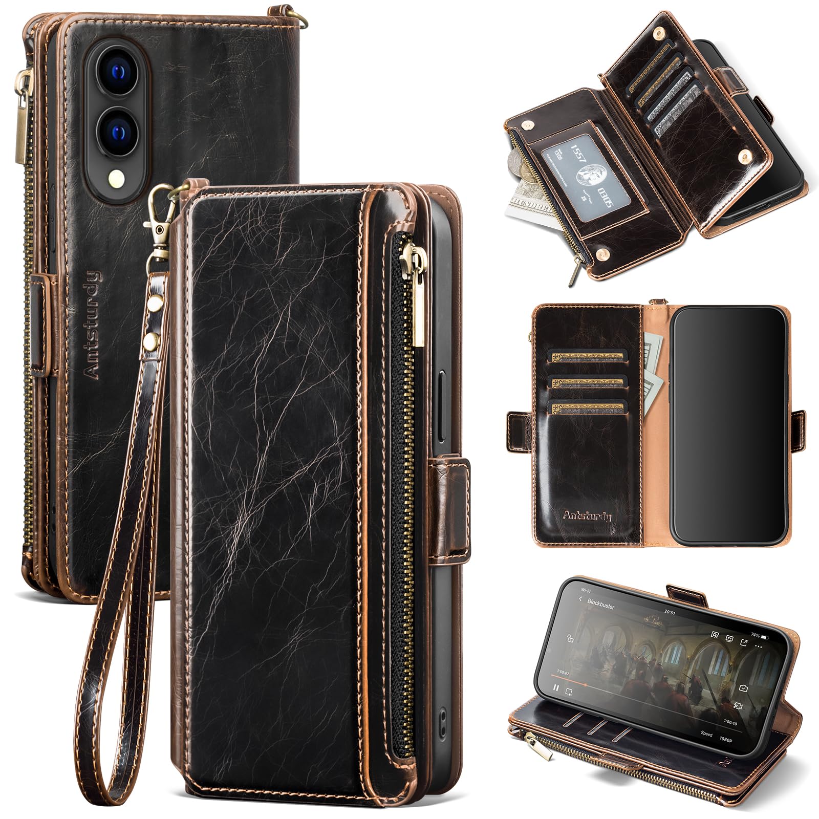 Antsturdy Compatible with Samsung Galaxy S25 Edge Wallet Case with Card Holder,PU Leather Phone Case Flip Protective Cover RFID Blocking Wrist Strap
