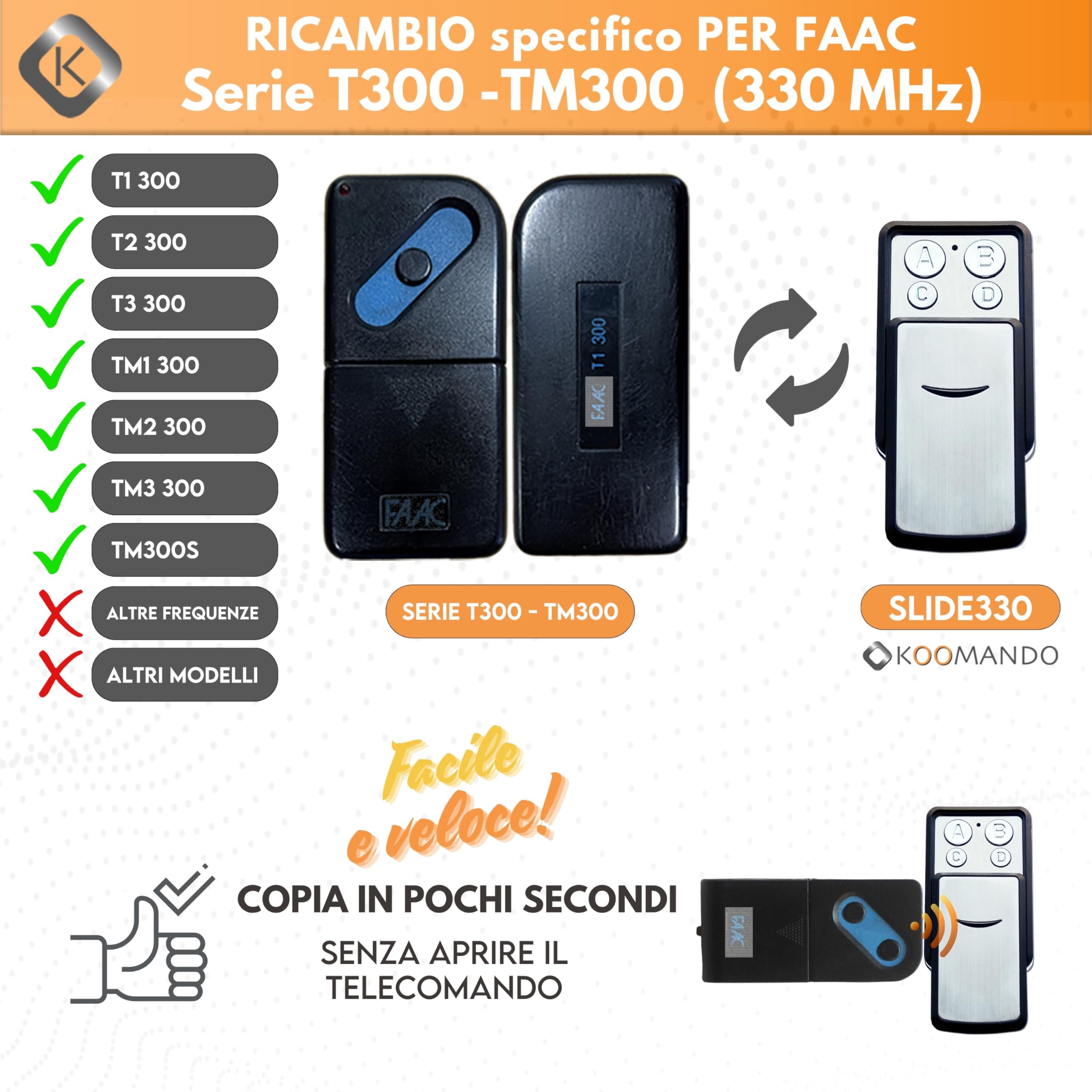 Koomando Telecomando Compatibile con Faac, TM300S, T1 300, T2 300, T3 300, TM1 300, TM2 300, TM3 300 a 330 Mhz, Elegante Cover Scorrevole, Gancio Portachiavi