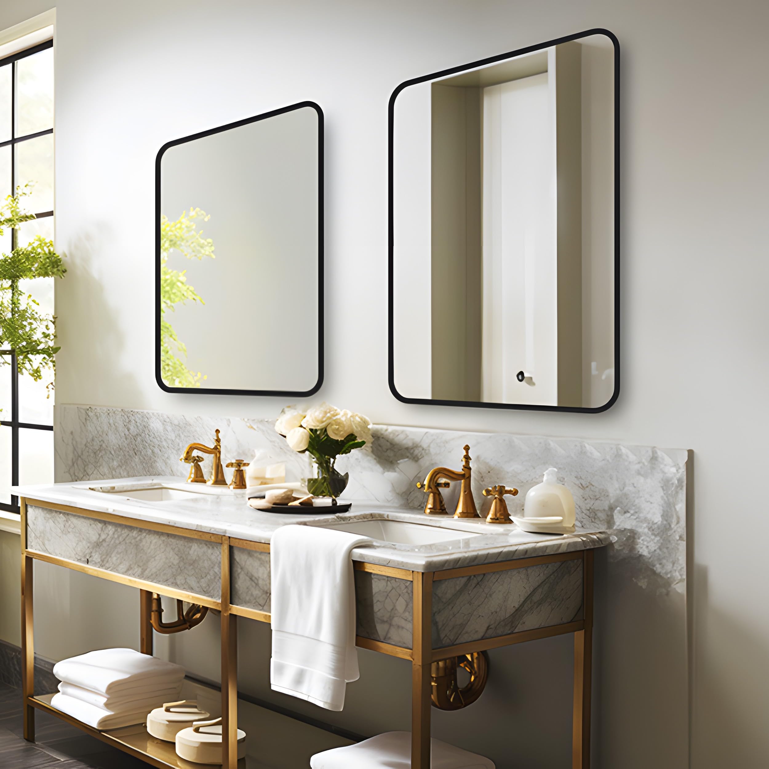 MIQU Miroir de Salle de Bain 70 x 50 cm, Grand Miroir Mural sans éclairage rectangulaire avec Cadre en métal Noir, Miroir décoratif pour Salle de Bain, Salon, WC, Couloir K