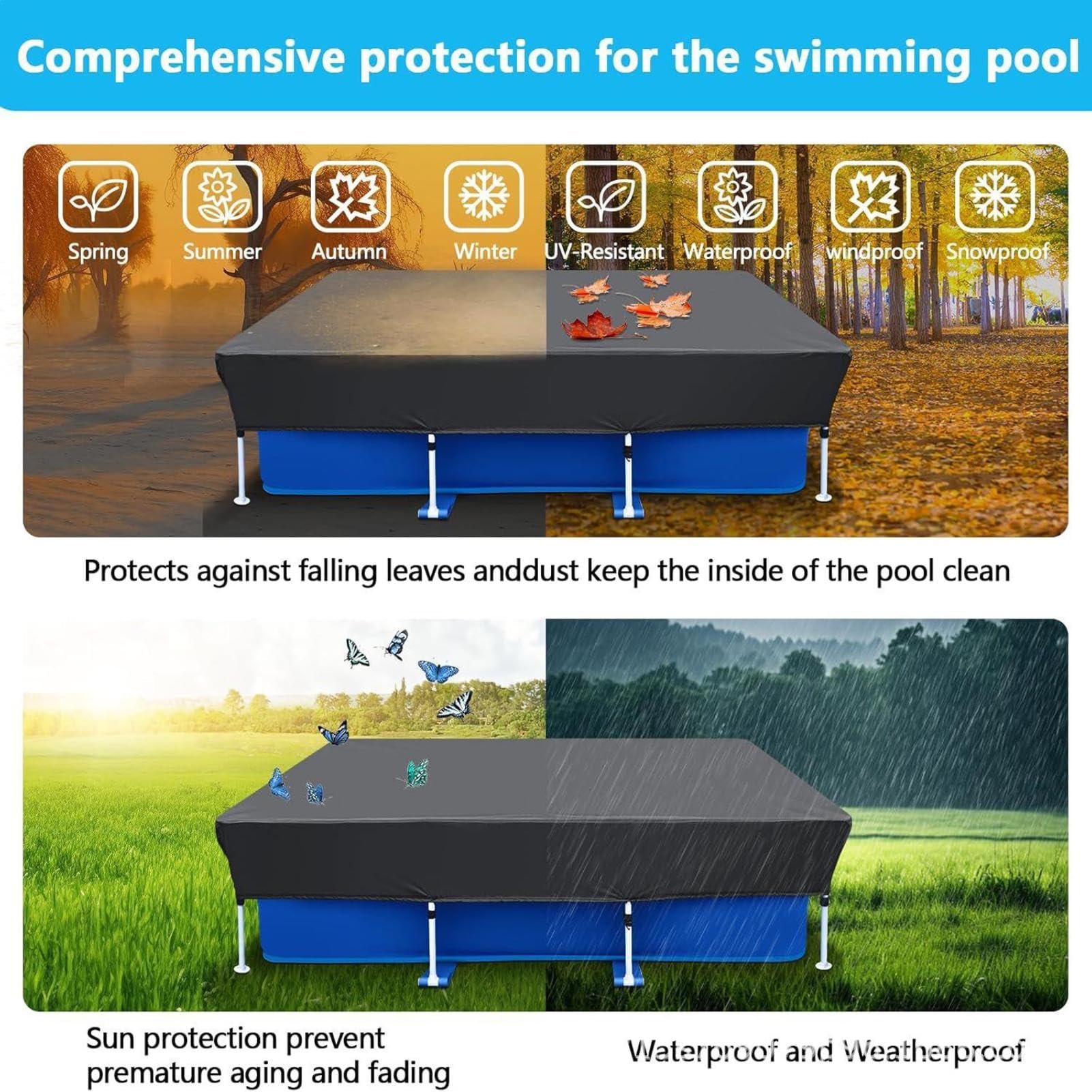Copertura per piscina Telo In Tessuto Oxford 210D Impermeabile Con Cordino | copertura piscina rettangolare Per Parco Prato Patio Giardino Cortile Condizioni Meteorologiche Avverse