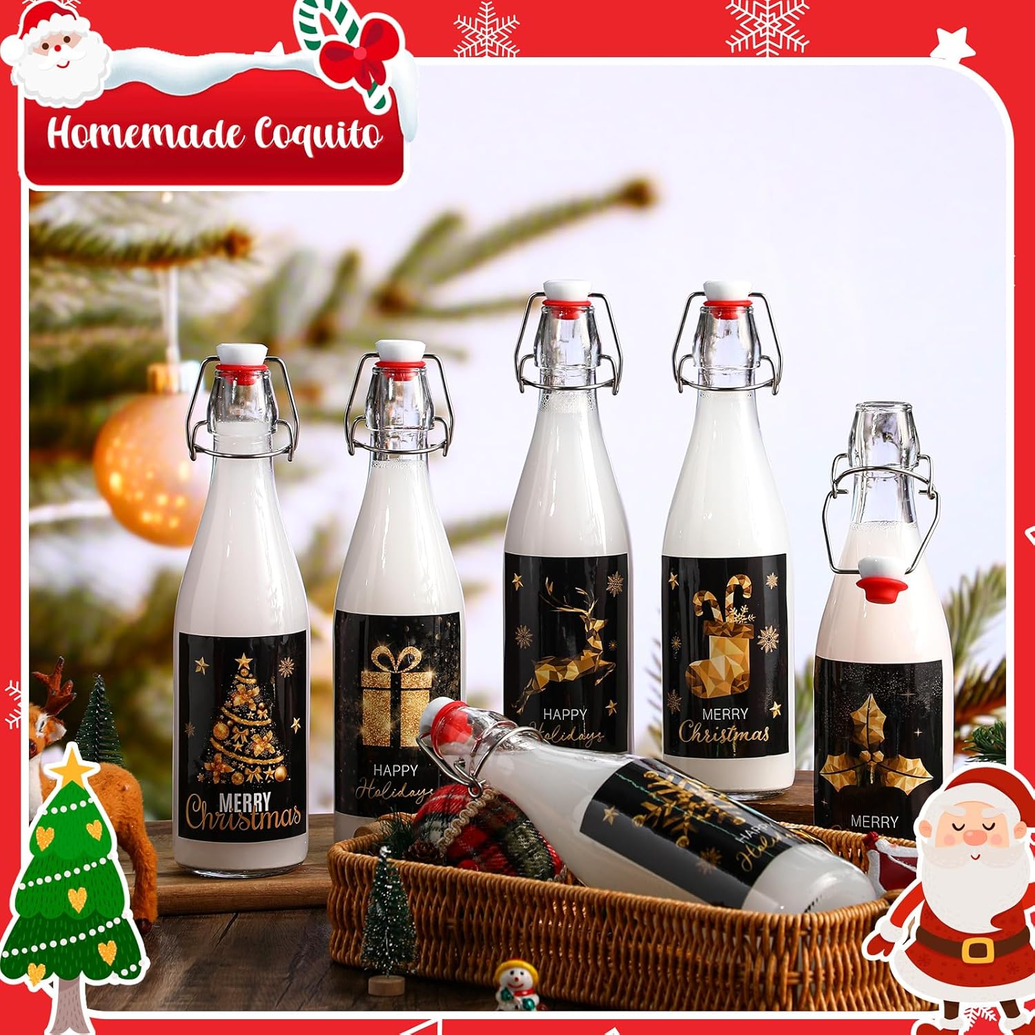 Maxcheck 6 Pcs 16 oz Christmas Swing Top Glass Bottles with Xmas Labels Sticker Airtight 500ml Empty Clear Wine Bottle for Vanilla Extract Home Brewing Coquito Liqueur Xmas Party Supplies (Black Gold)