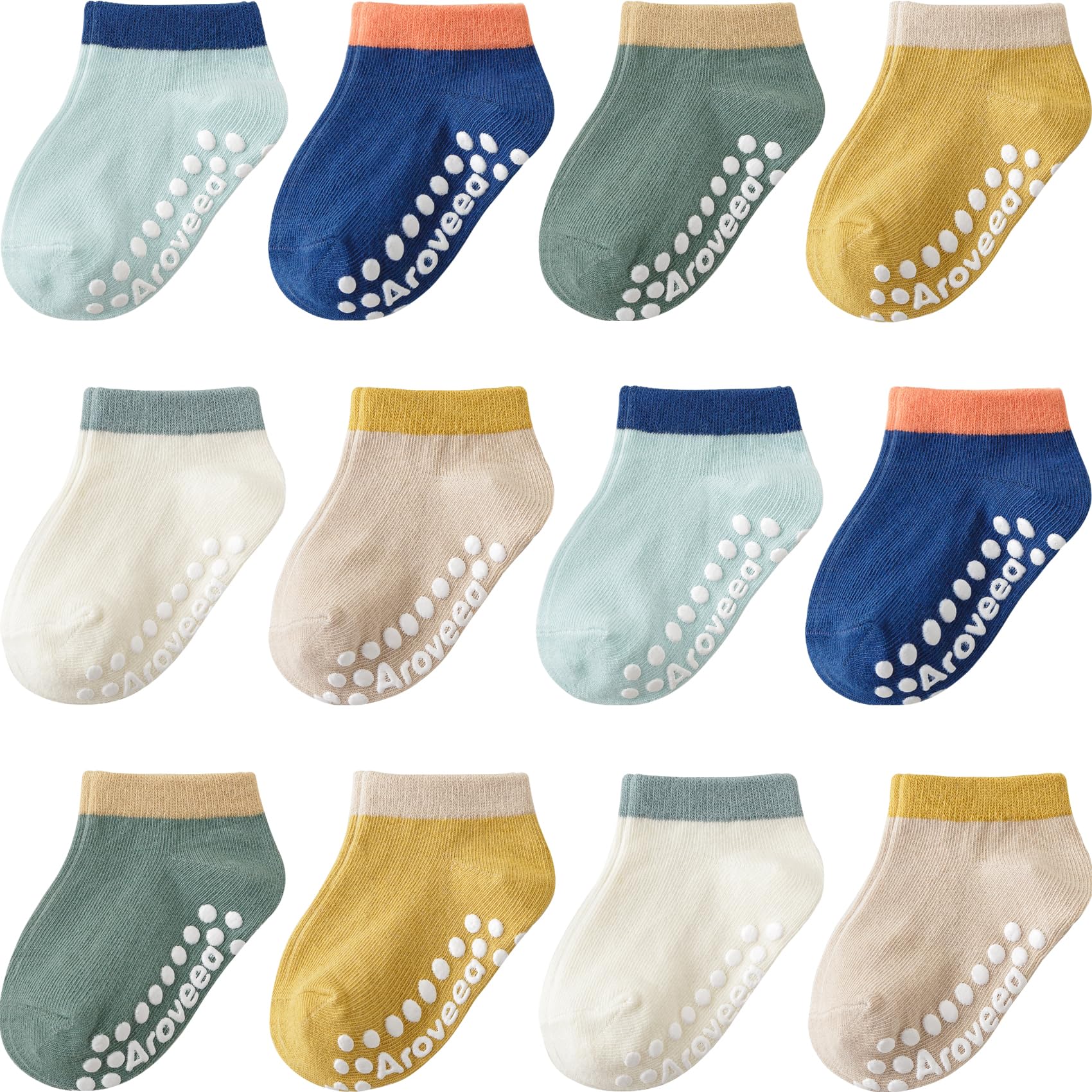 Aroveea Toddler Socks Non Slip Grip Ankle Baby 12 Pack for Kids Boys Girls