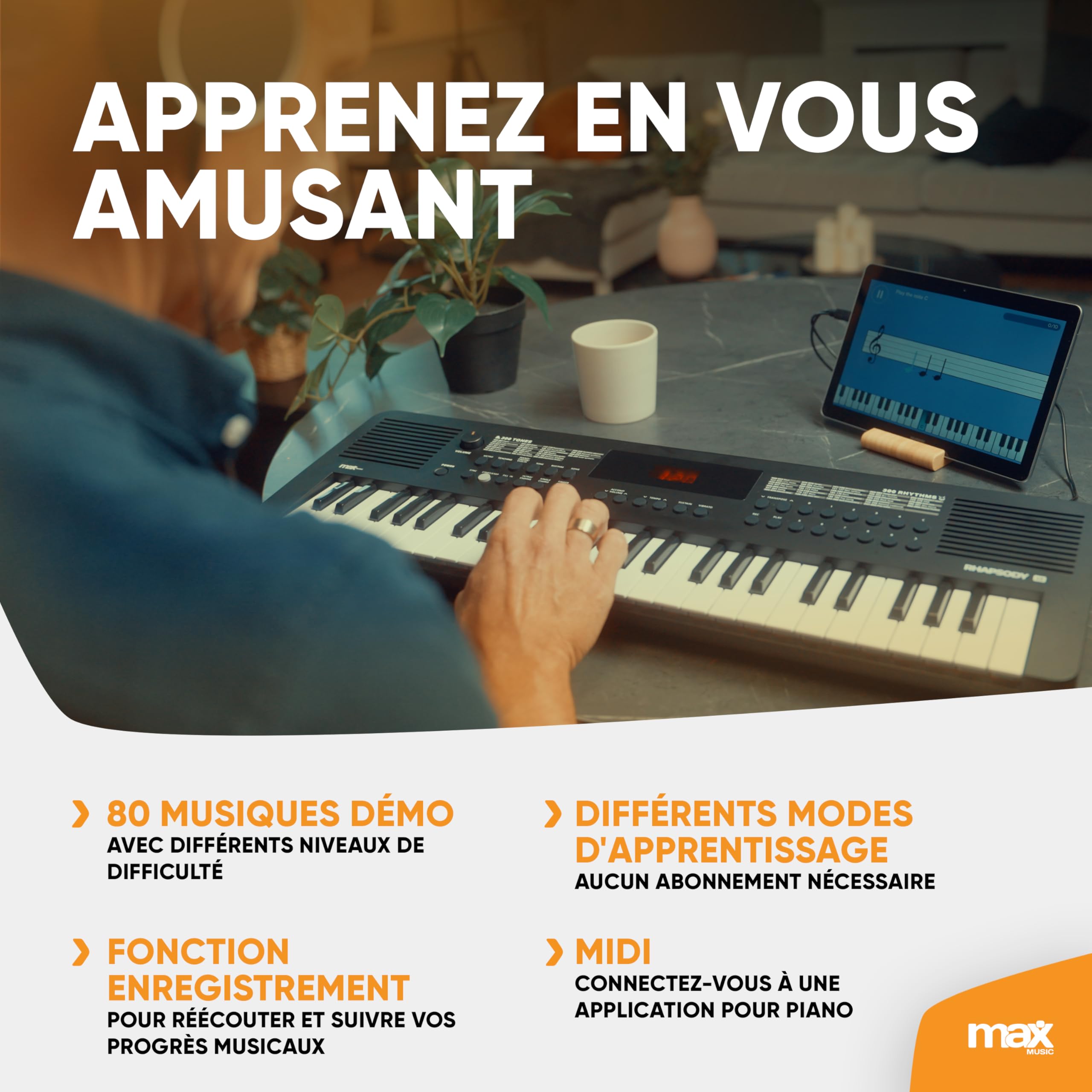 Max Rhapsody49 Clavier Électronique 49 Touches, Synthétiseur Enfant, Alimentation USB-C, Différents Modes d'Apprentissage, Deux Haut-parleurs intégrés, Idéal pour Démarrer votre Apprentissage