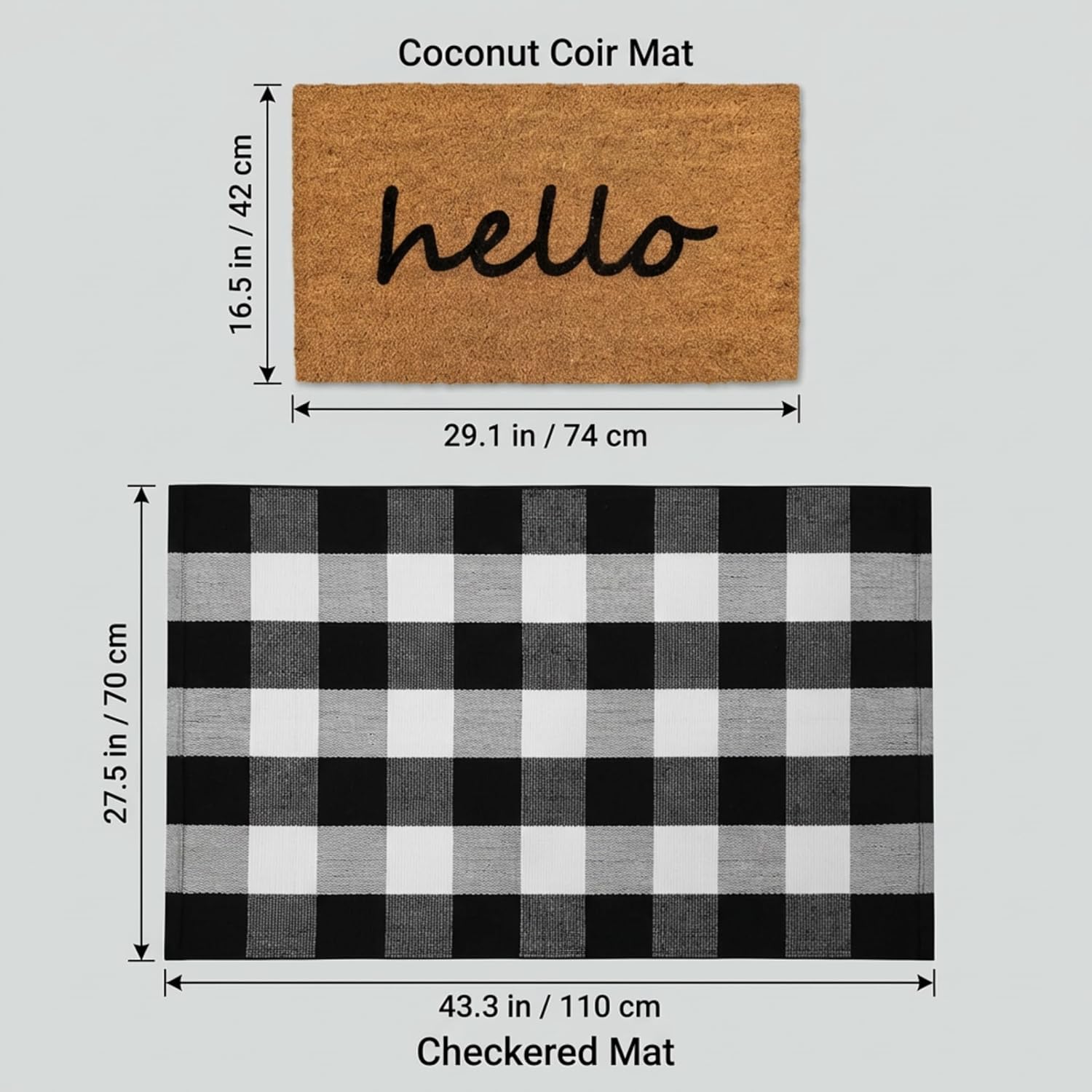 2-Piece Layered Front Doormat Set, Hello Natural Coco Coir Door Mat + 28"x43" Black and White Buffalo Plaid Rug, Non-Slip Backing Outdoor Entryway Decor for Front Porch, Patio, Home