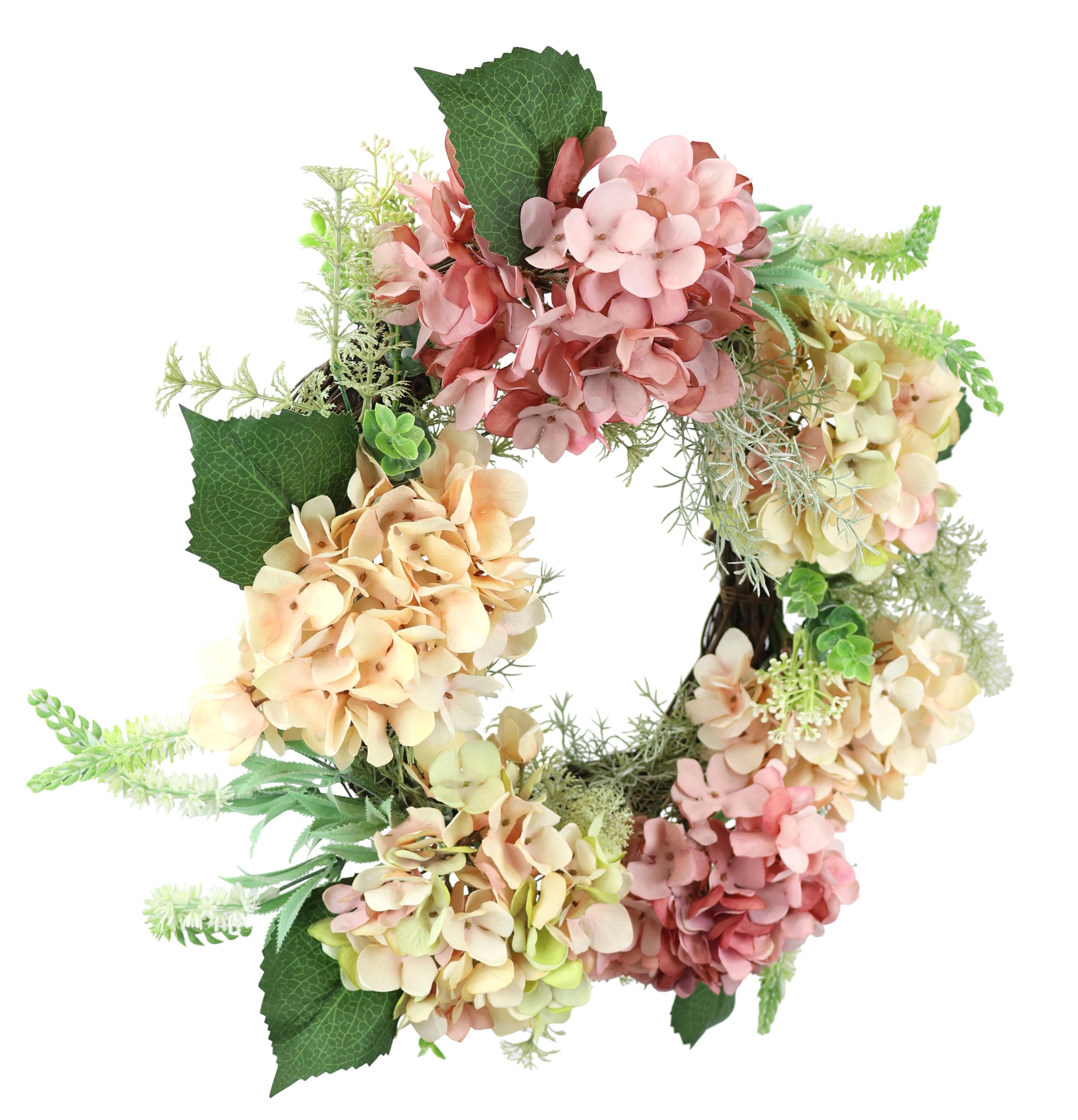 Rattankranz mit künstlichen Hortensien Hortensienblüten Blüten Blumen Kunstblumenkranz Deko Wandkranz Türkranz zum Aufhängen Legen Blütenkranz Landhaus Kranz Haustür-Dekoration Hochzeit Dekoration