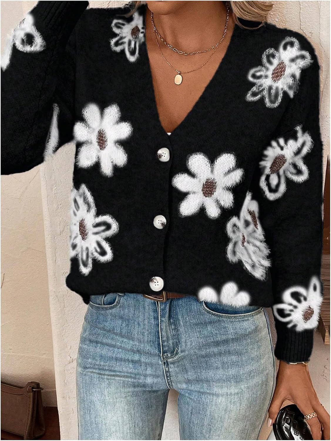 SHENHE Women's Floral Cardigan Sweater Open Front Long Sleeve Button Down Knit Sweater Outerwear