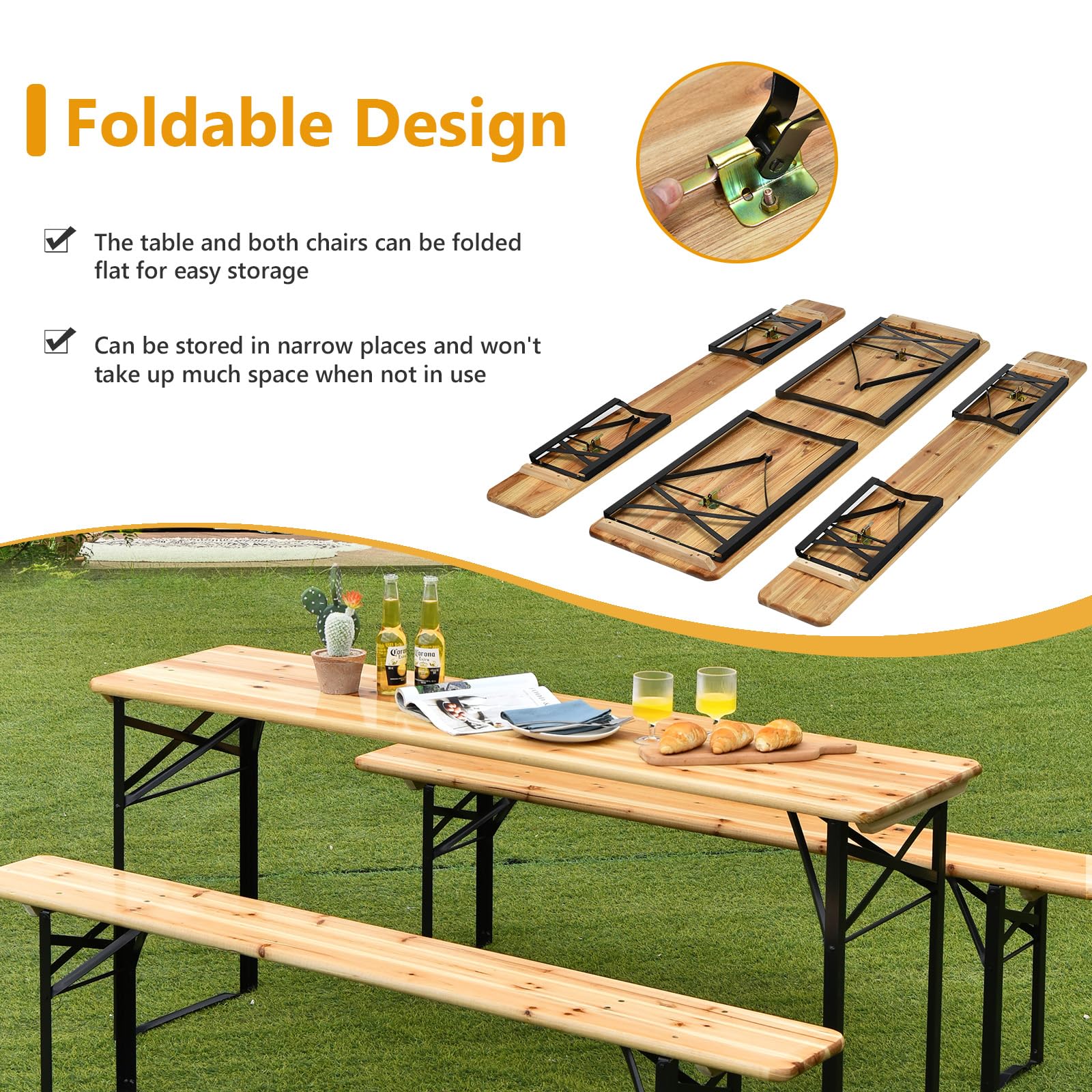 KOMFOTTEU Tavolo da campeggio con sedie, pieghevole, con 1 tavolo da birra e 2 panche, tavolo da picnic pieghevole e salvaspazio, set da giardino, 176 x 46 x 76 cm, portatile per esterni, campeggio
