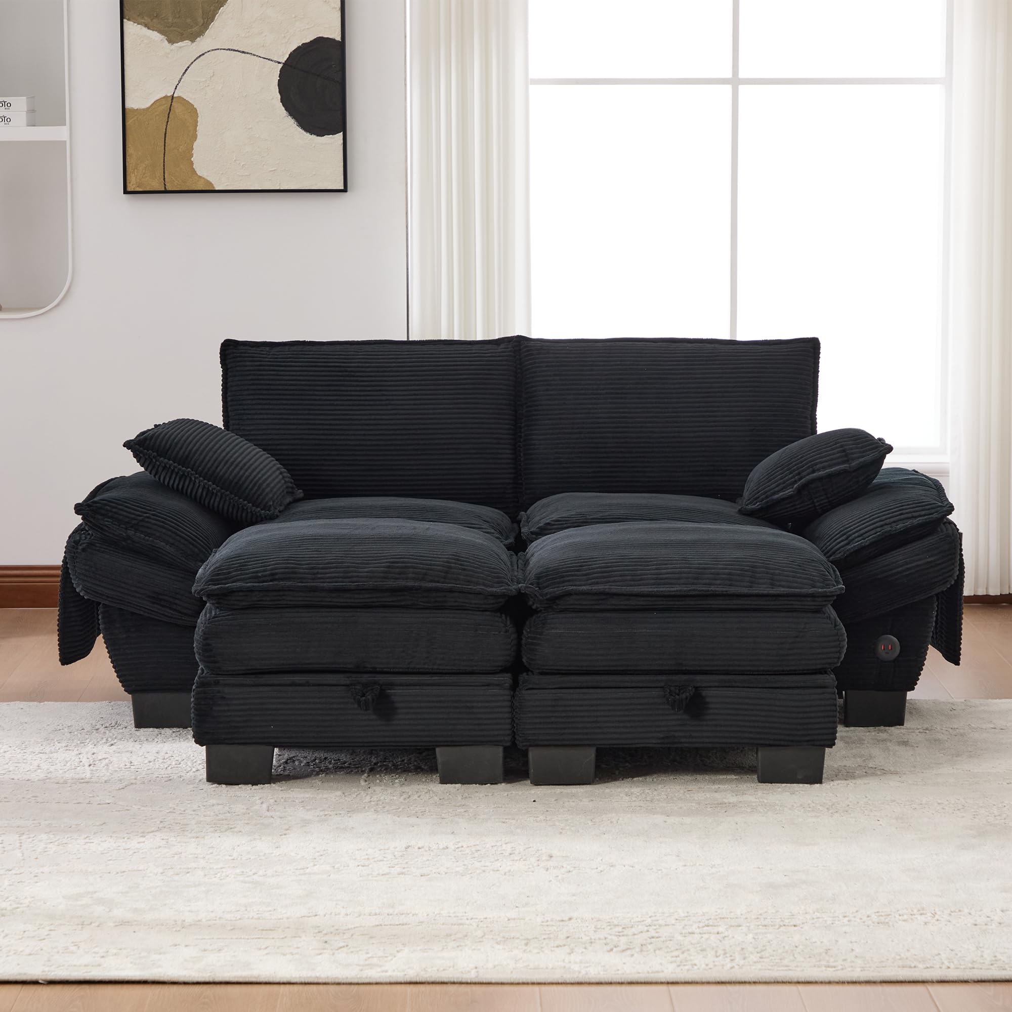 Modułowa sofa 2-osobowa z 2 taboretami, ergonomiczna szerokość siedziska z przyłączem C, sofa do salonu z bocznymi kieszeniami, do salonu, kolor czarny