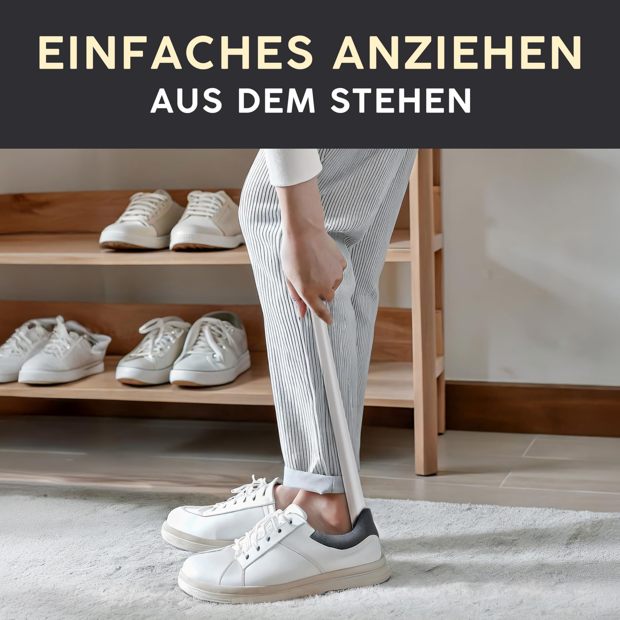 Besuche den WALKINGLINE- Walking Line® Premium Schuhlöffel Lang 44cm [EXTRA STABIL] aus Gebürstetem Edelstahl - Schuhanzieher Lang, Schuhlöffel Metall Lang, Shoe Horn, Schuhanzieher Lang Metall, Langer Schuhlöffel, Shoehorn in use