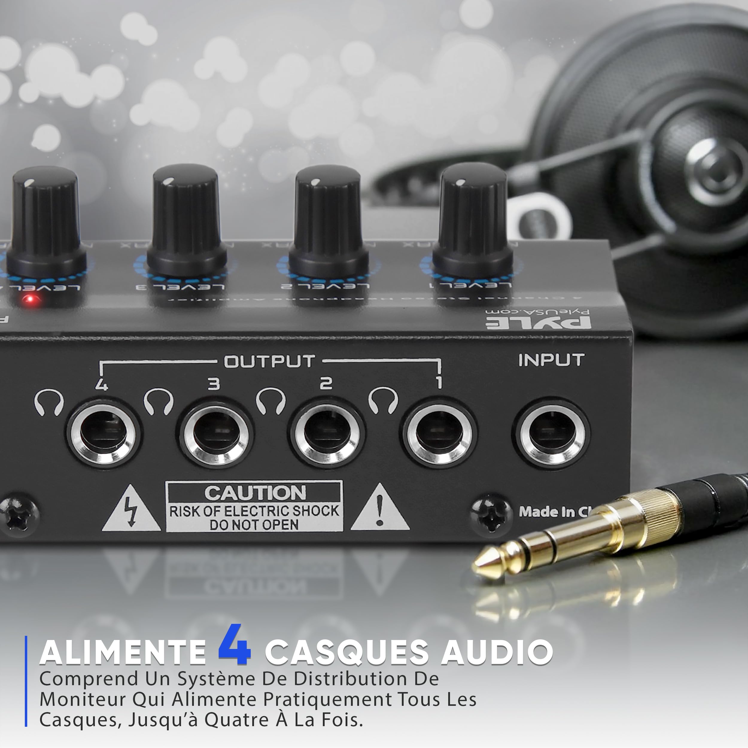 Pyle Amplificateur Casque Stéréo 4 Canaux – Ampli Audio Studio avec 4 Sorties TRS 6,35 mm et Entrée Audio, Répartiteur Écouteurs pour Table de Mixage, DJ et Enregistrement