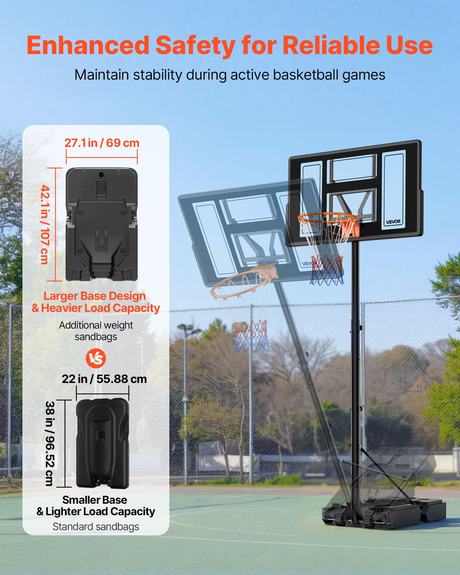 VEVOR Canestro da Basket da Esterno con Piedistallo Regolabile in Altezza Fino a 3,05 m con Ruote e Tabellone in PC da 1117,6 mm, Set di Tabelloni, Sistema di Canestro da Basket per Cortili, Piscine