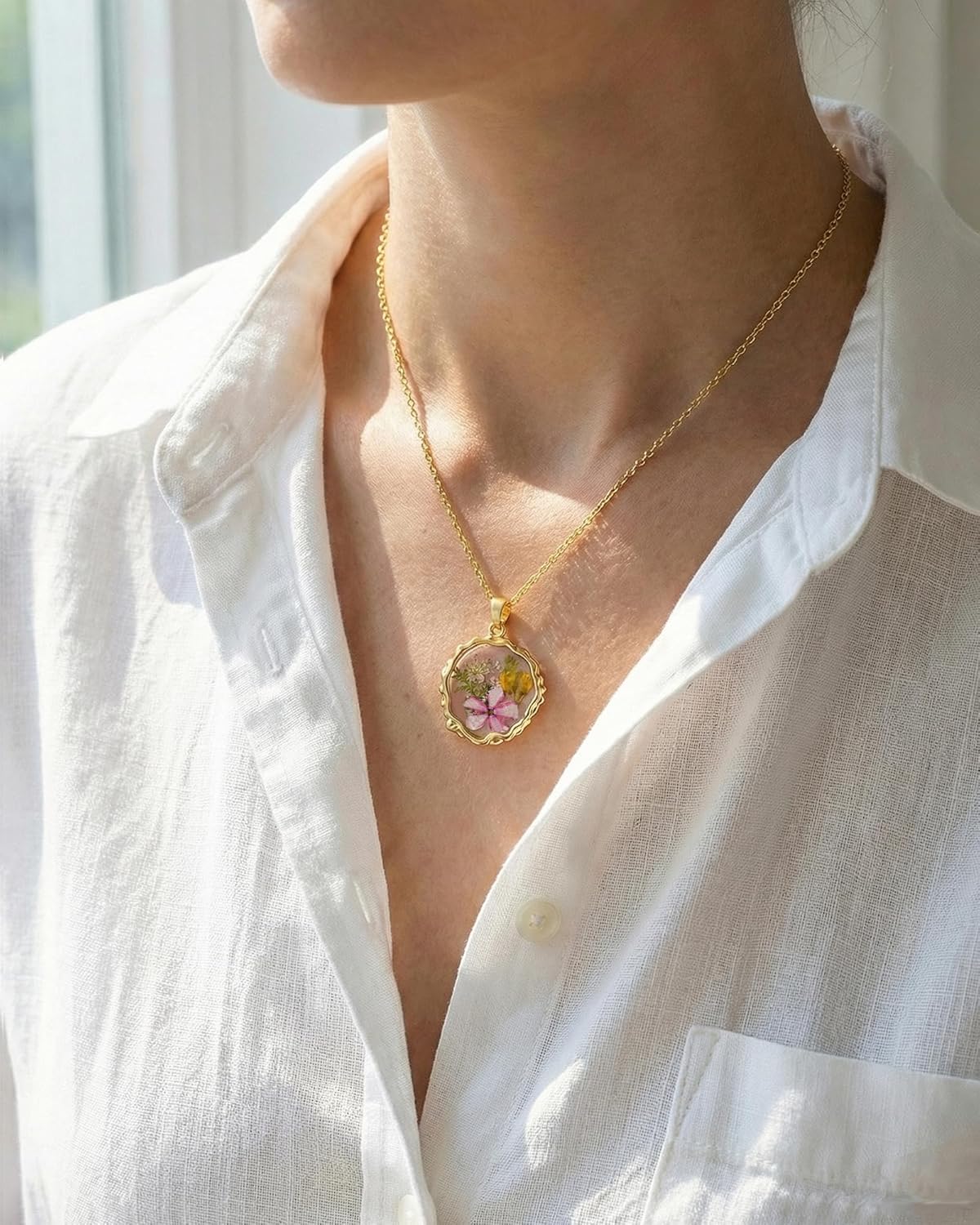 Real Pressed Flower Necklace for Women, Handmade Birth Floral Pendant, Meaningful Nature-Inspired Jewelry Gift for Christmas, Valentine’s & Mother’s Day - 18" - Image 3