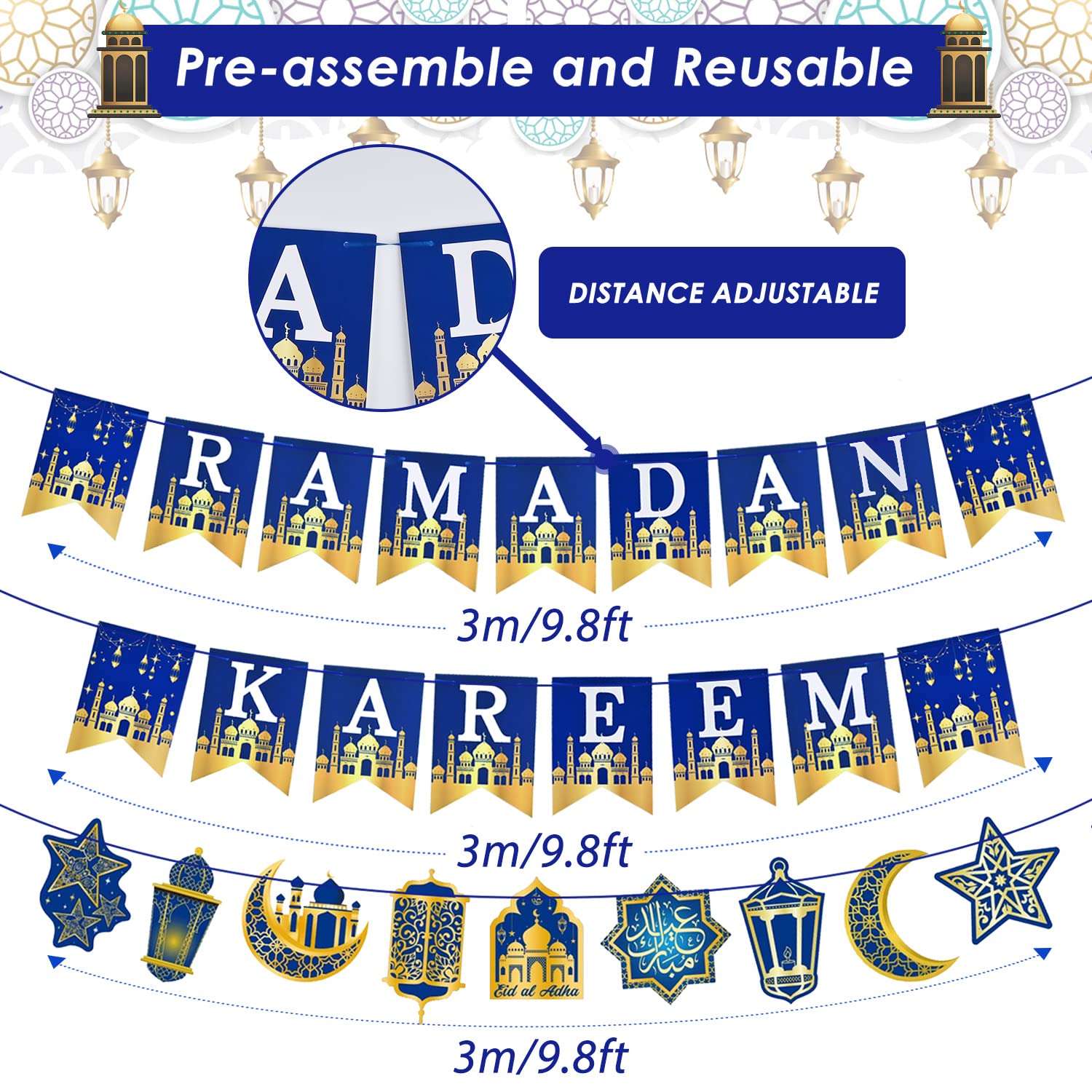 AhfuLife Ramadan Mubarak decoraties, Ramadan Kareem Banner Bunting Ramadan Decoraties voor Thuis - Geen DIY Ramadan Banner nodig voor Eid Mubarak Ramadan Decoratie (Ramadan Kareem