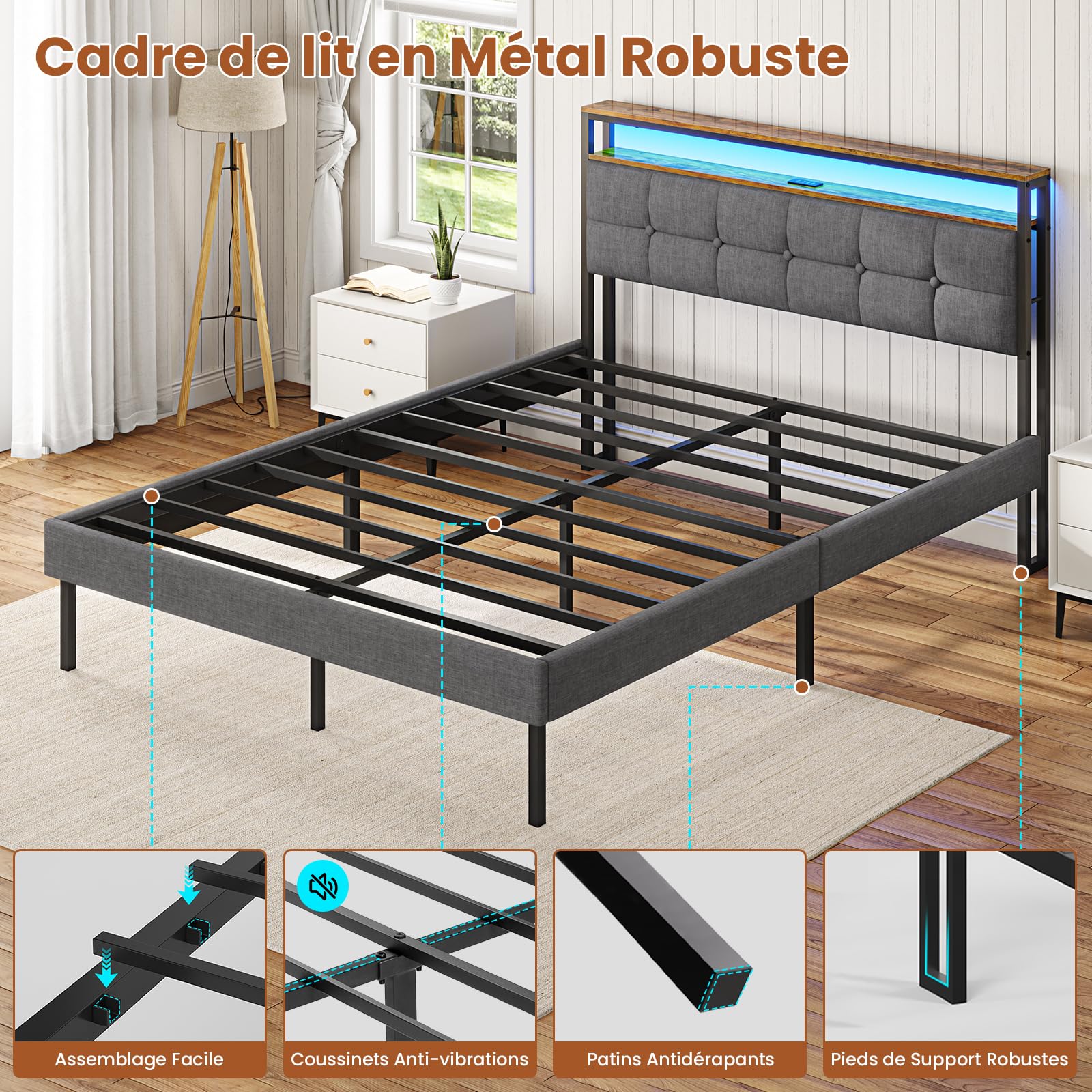 AOGLLATI Lit 2 Personnes avec Multiprise et LED Réglable,Cadre de Lit 140x190 avec Sommier Métal,Capitonnée en Lin Gris, sans Matelas