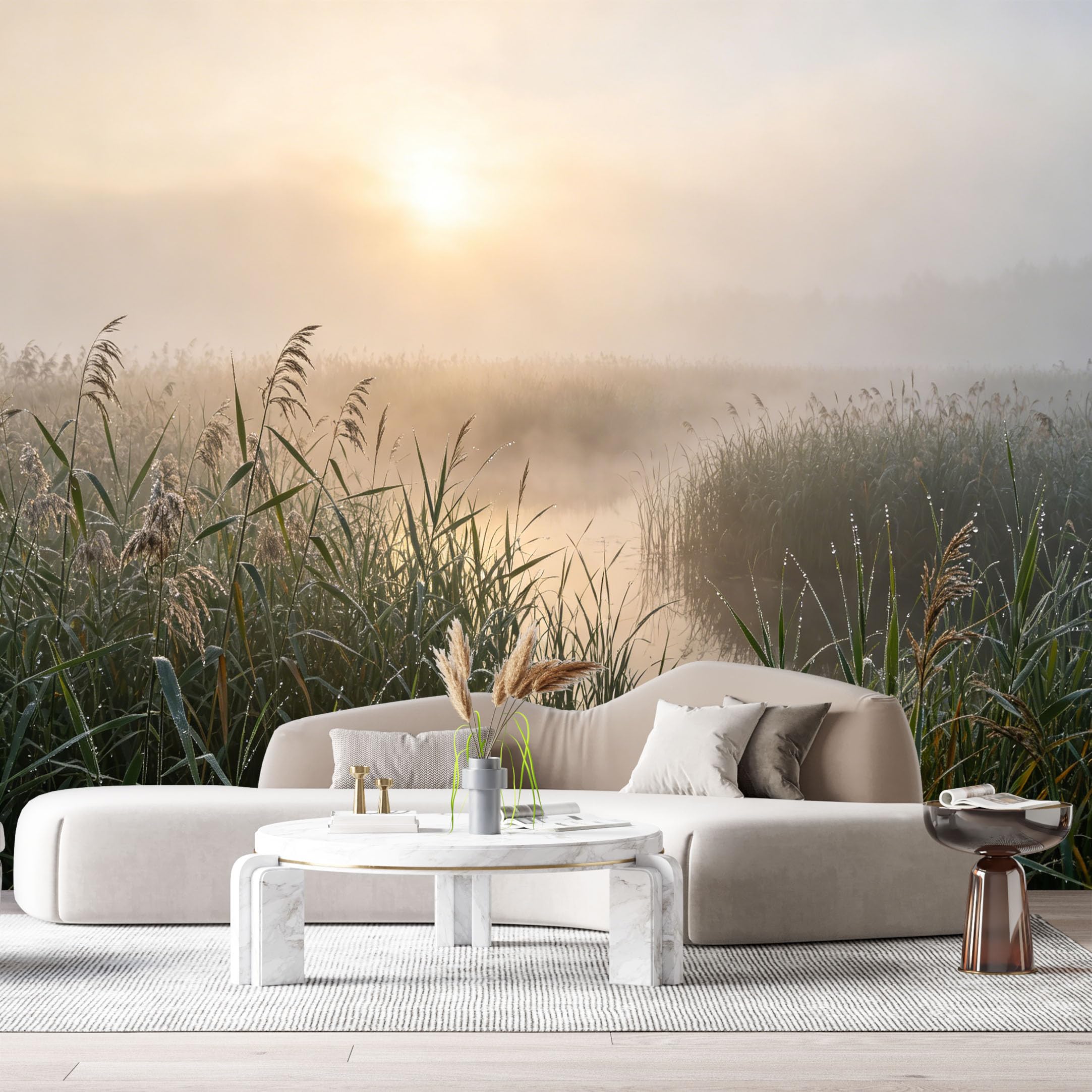 Custom Size Wall Murals Misty Wetland Landscape Sunrise Reflection Botanical Watercolor SelfAdhesive Wall Fabric Removable Large Wallpaper for Photo Living Room