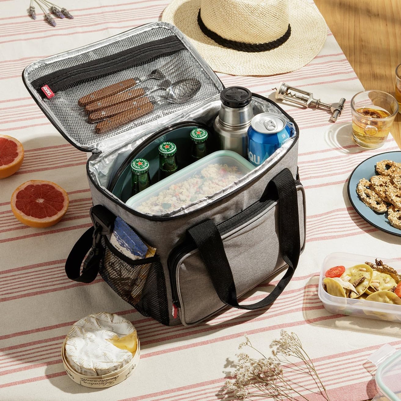 TATAY Torba Termiczna, Urban Food Picnic 11 L, 28,5x21x24 cm | Torba Termiczna | Potrójna Izolacja | Półsztywny Design | 4 Kieszenie | Odpinany Pasek na Ramię | Wzór Jeans, Szary