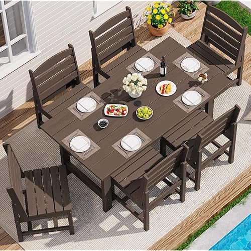 SERWALL Patio Dining Sets for 6 Person, HDPE Dining Set with 6 Armless Chairs, Coffee