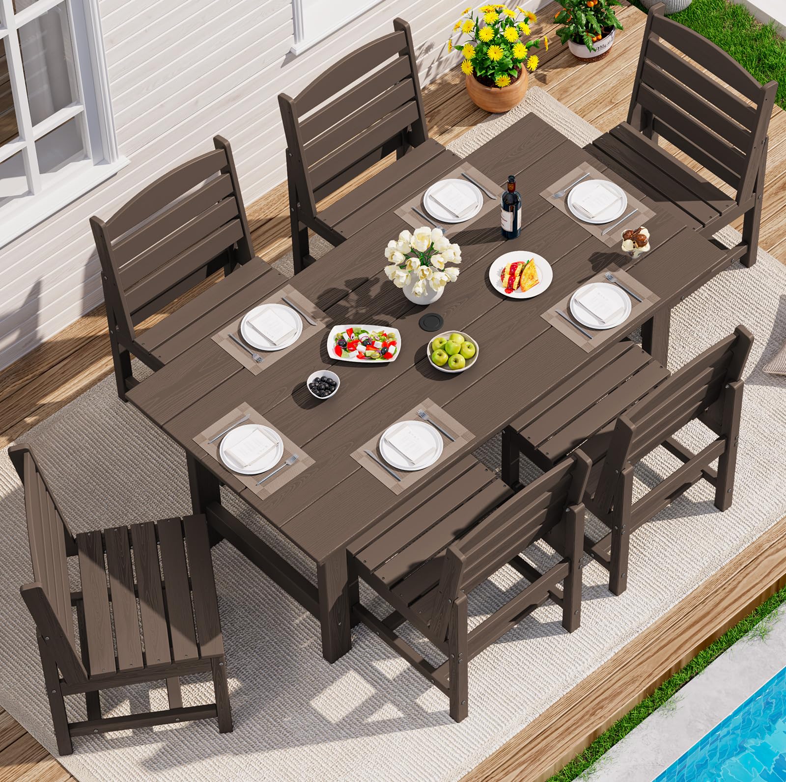 SERWALL 7-Pc HDPE Patio Dining Set, 1 Table &amp; 6 Armless Chairs, Coffee | HDPE Outdoor Dining Set with Rectangular Table &amp; 6 Armless Chairs, All-Weather Resistant SERWALL Dining Set for 6