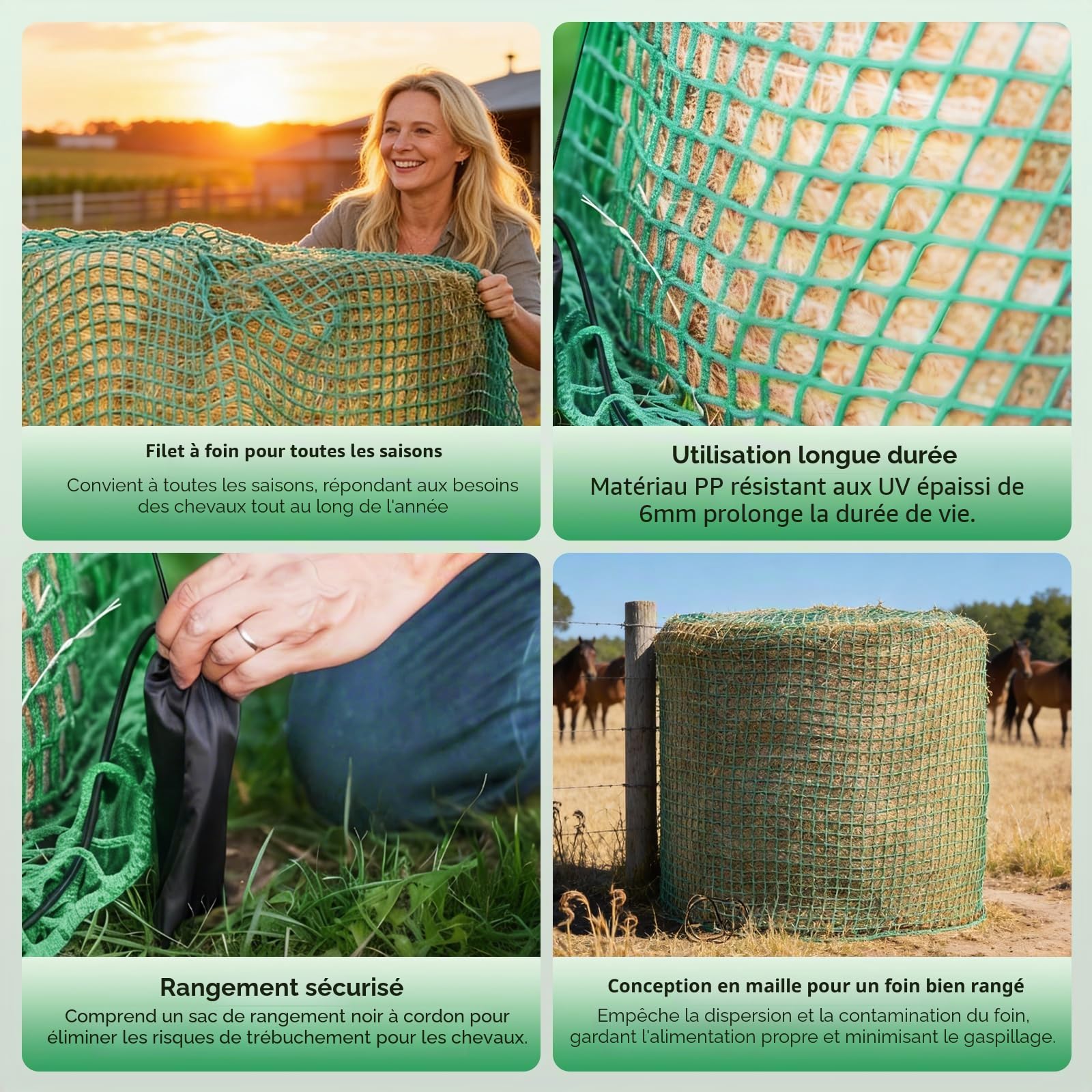 Filet à Foin pour Balles Rondes, Ø 150 cm Hauteur 150 cm Grand Filet à Foin pour Chevaux Filet à Foin à Mailles Fines 5 x 5 cm Filet Robuste pour Balles Rondes avec Sac Rangement