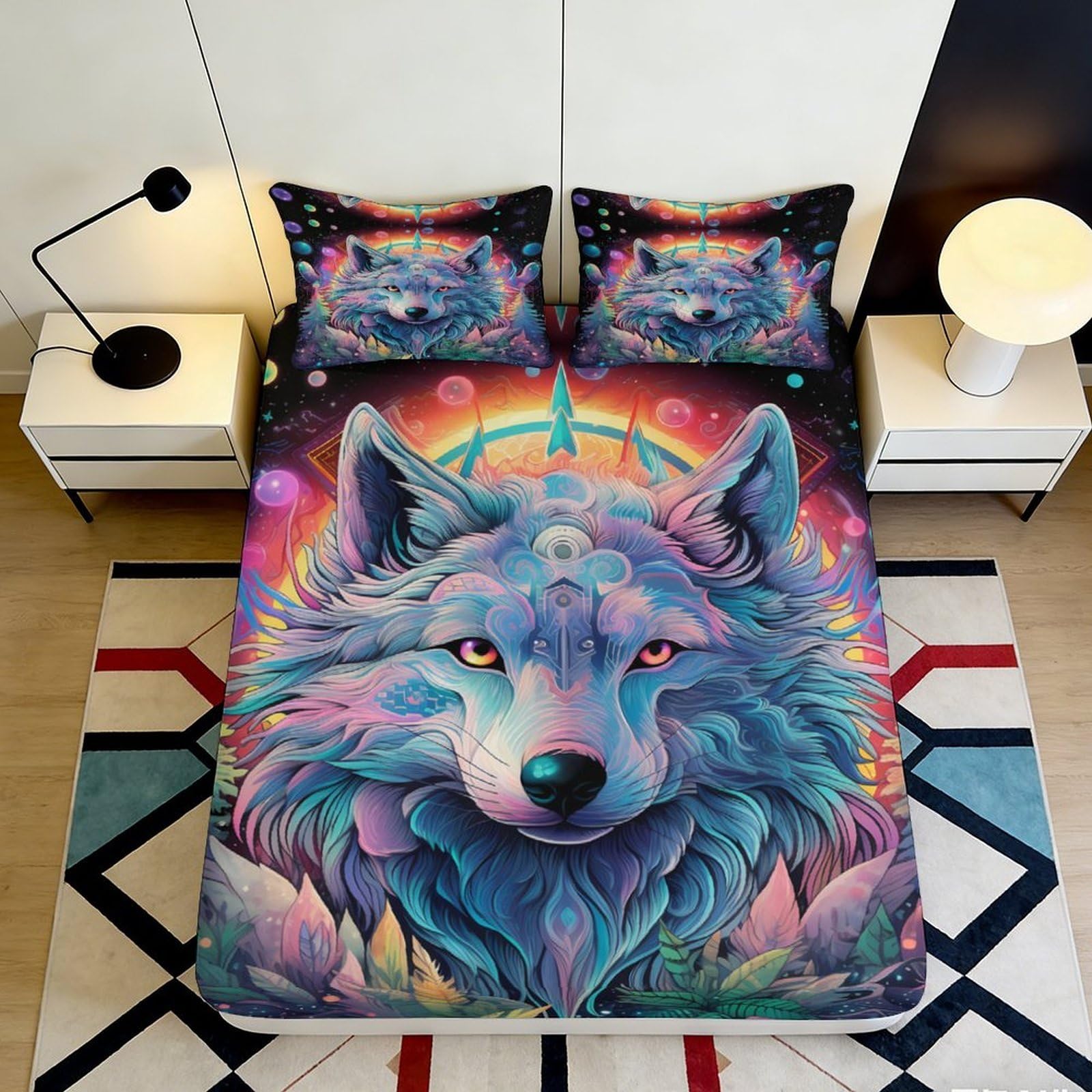 3D Printed Wolf Dream Fitted Sheet Microfiber Soft Vibrant Galaxy Bed Cover for Bedroom Guest Room Decor 90x200x25cm
