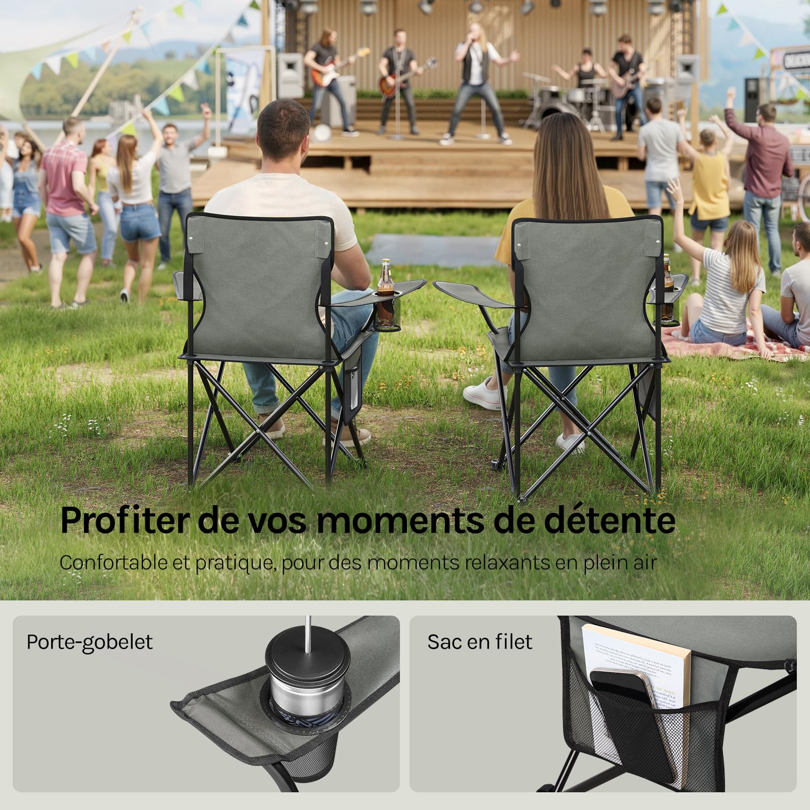 WOLTU Lot de 2 Chaises de Camping, Chaises Pliables Portables avec Porte-gobelet et Poche Latérale, Charge 120 kg, pour Camping, Pêche, Pique-Nique, Plage,Gris Foncé