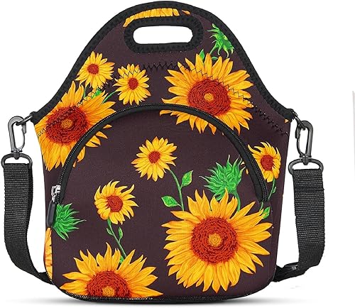 Violet Mist Bolsa de almuerzo de neopreno con diseño de girasol retro para mujer, bonita lonchera aislada, gruesa, reutilizable, térmica, pequeña,