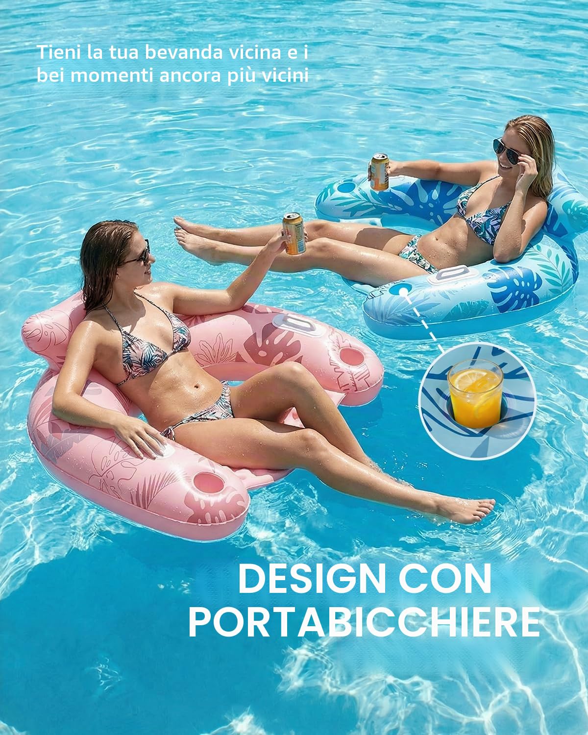 SOLAVERO 3 Pezzi Sedia Gonfiabile Piscina, 119 x 86 cm Amaca Galleggiante con Portabicchieri & Maniglia, Sedie Sdraio Gonfiabile Estate per Rilassarsi, Leggere e Feste in Piscina (Foglia)