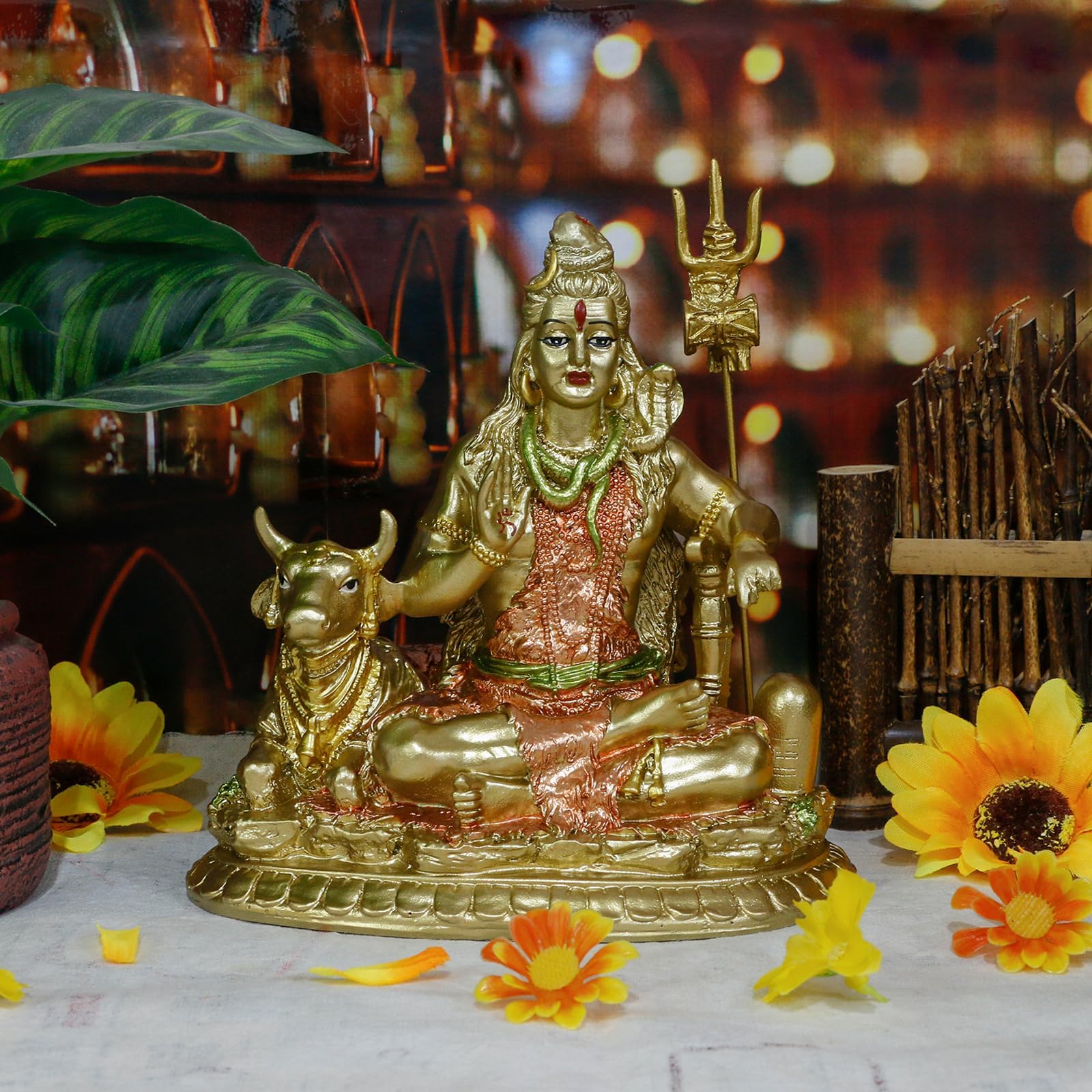 Hindu God Lord Shiva & Nandi Cow Statue- Resin India Murti Shiva Idol Sculpture with Trident Indian Home Office Mandir Diwali Pooja Item Puja Decoration Shrine Altar Yoga Meditation Room Decor