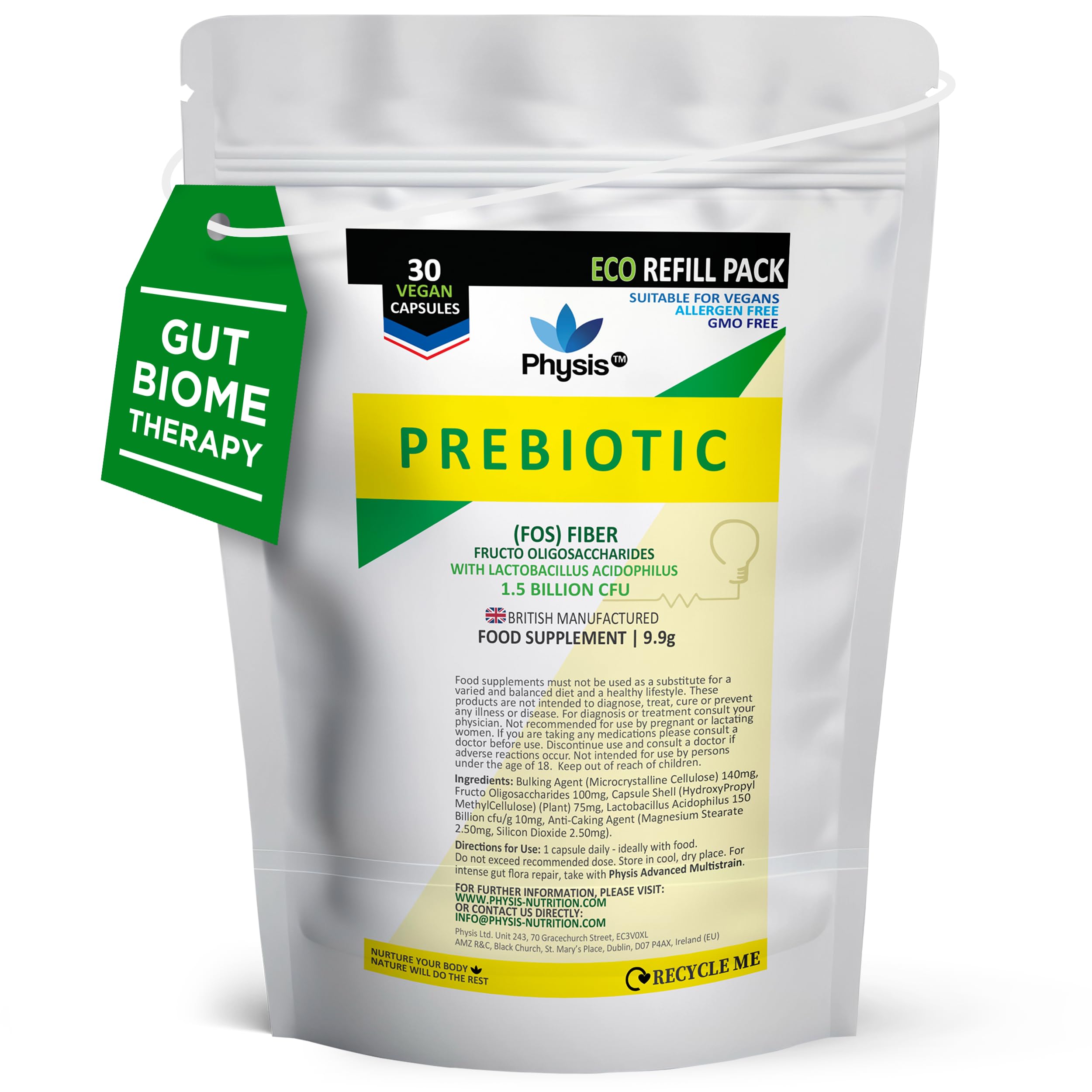 Physis Bio Cultures Blend Prebiotics | 30 Capsules | Pre and Probiotics for Gut Health | Bio Cultures Complex for Improved Digestion | Concentrated Lactobacillus Acidophilus Probiotics | Refill