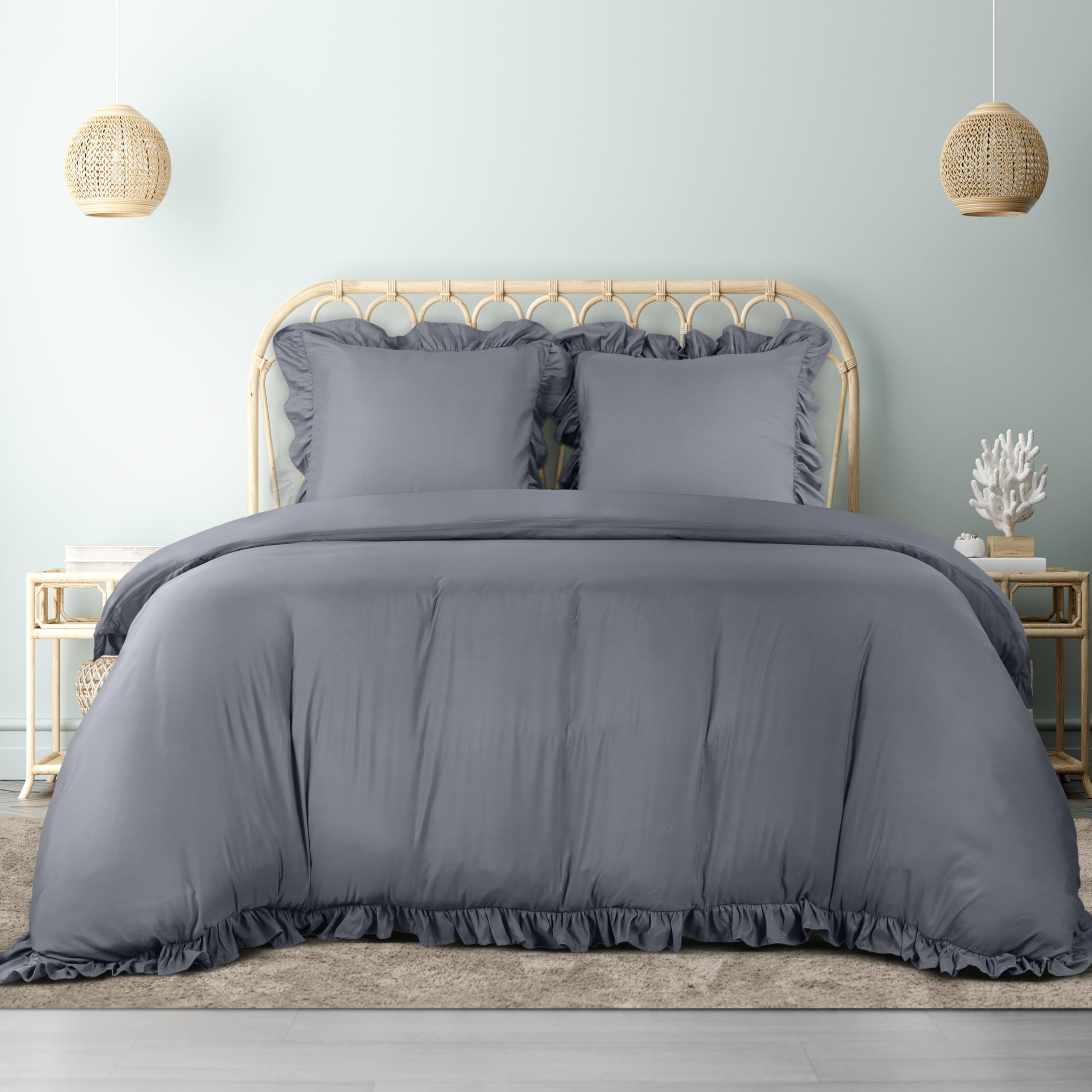 Utopia Bedding Funda Nordica Cama 105 - Microfibra Juego de Volante Funda de Edredon 200x200 cm y 2 Volantes Fundas de Almohada 80x80 cm (Gris)
