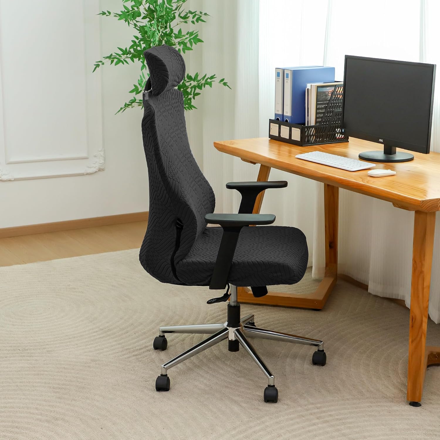 Ergonomic Office Chair Cover with Headrest Covers Black Jacquard Stretch Desk Chair and Headrest Slipcovers Washable