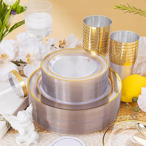 Vista 56 de I00000 - Juego de vajilla dorada de 700 piezas, 200 platos de plástico dorados, juego de 300 cubiertos desechables dorados, 100 vasos, 100 Oro,Claro