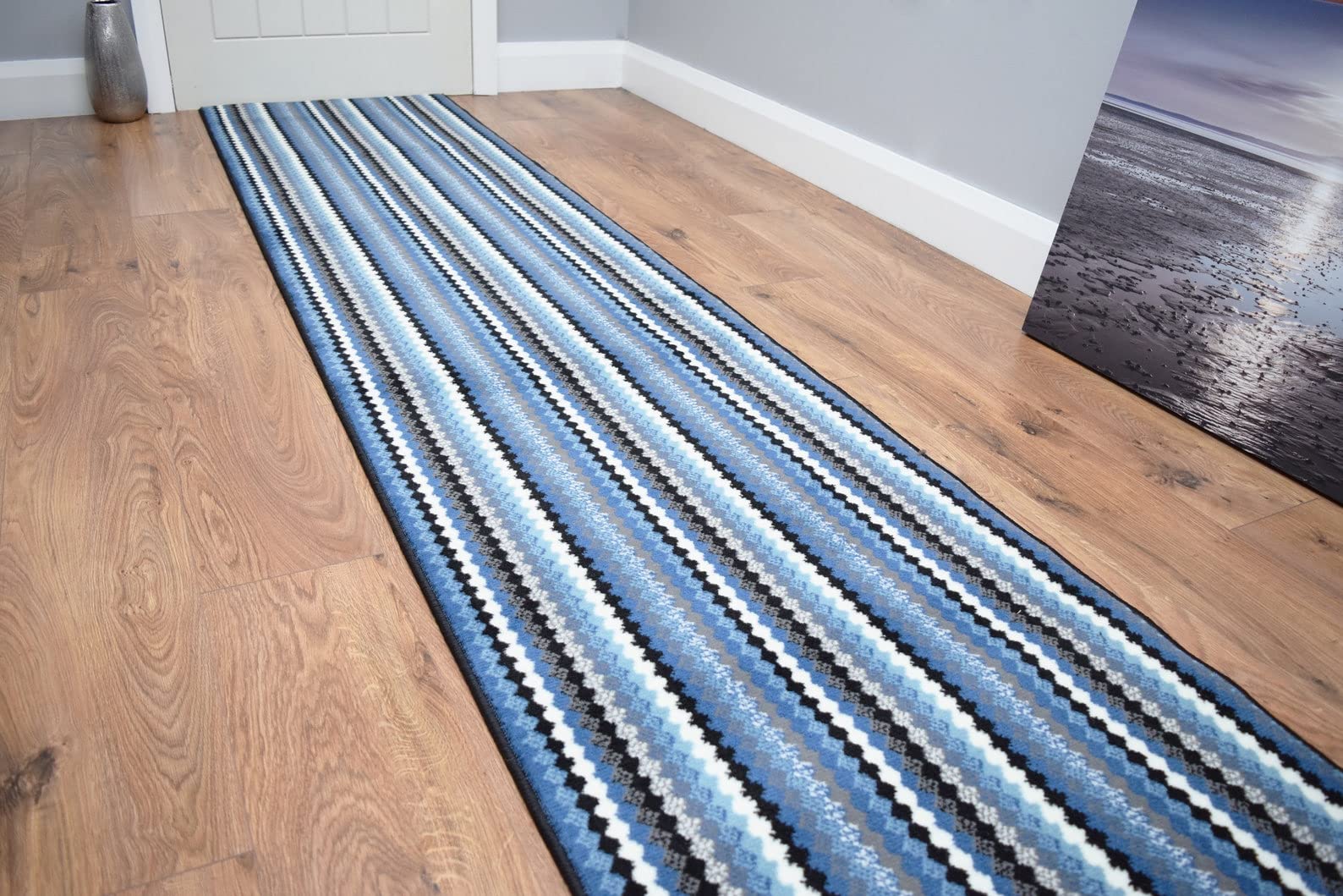 SrS Rugs® Luna Collection, Modern Long Carpet Runner Rug for Entrance Hall and Stairs. Smooth Soft 8mm Depth Pile. 70cm Wide. Any length (Blue Stripe, Length: 20' (610cm)) — image 1